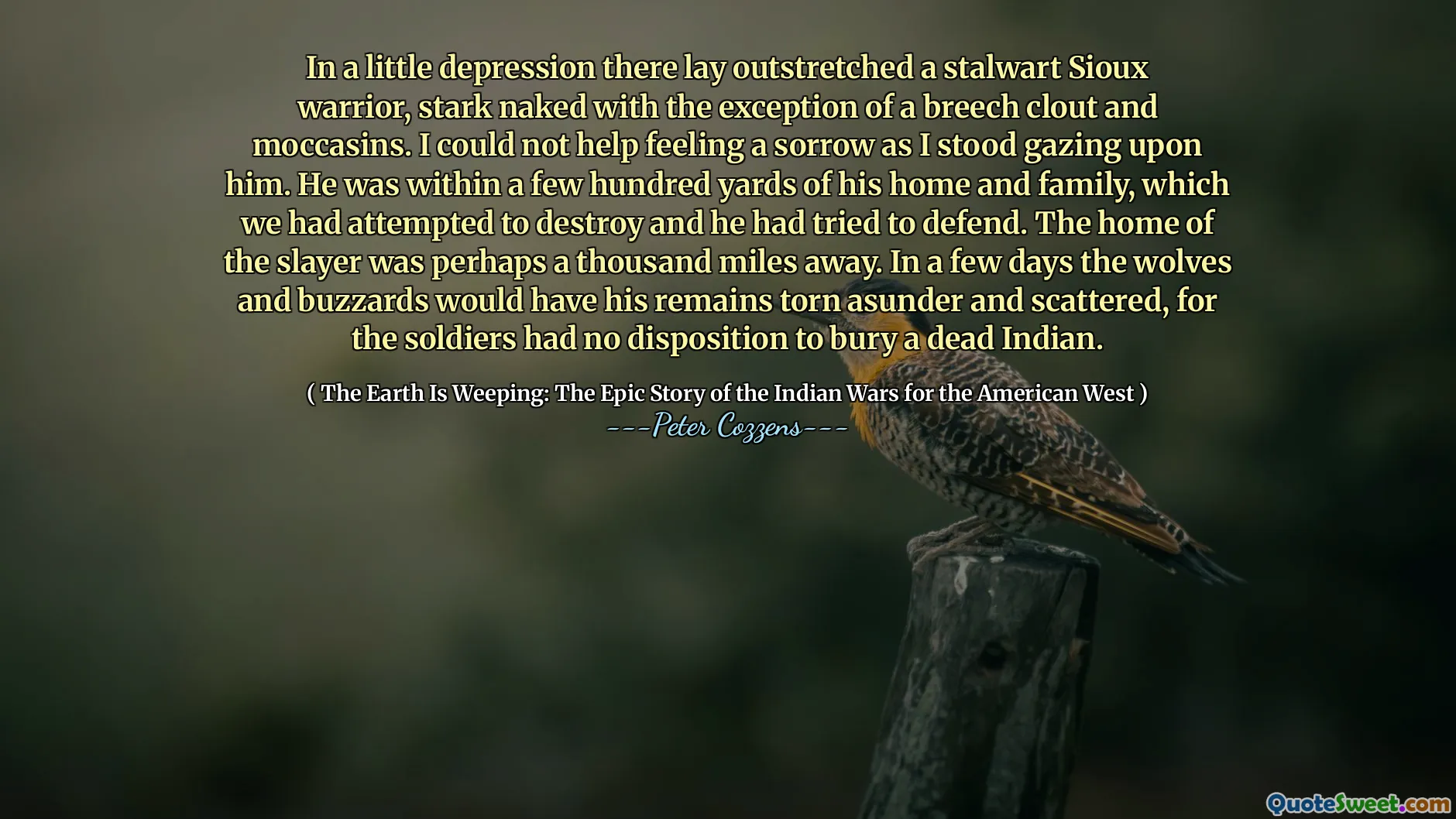 थोड़ा अवसाद में वहाँ एक स्टालवार्ट सिओक्स योद्धा को बाहर निकाल दिया, एक ब्रीच क्लॉट और मोकासिन के अपवाद के साथ नग्न। मैं दुःख महसूस करने में मदद नहीं कर सकता था क्योंकि मैं उस पर टकटकी लगा रहा था। वह अपने घर और परिवार के कुछ सौ गज के भीतर था, जिसे हमने नष्ट करने का प्रयास किया था और उसने बचाव करने की कोशिश की थी। कातिलों का घर शायद एक हजार मील दूर था। कुछ दिनों में भेड़ियों और बज़र्ड्स