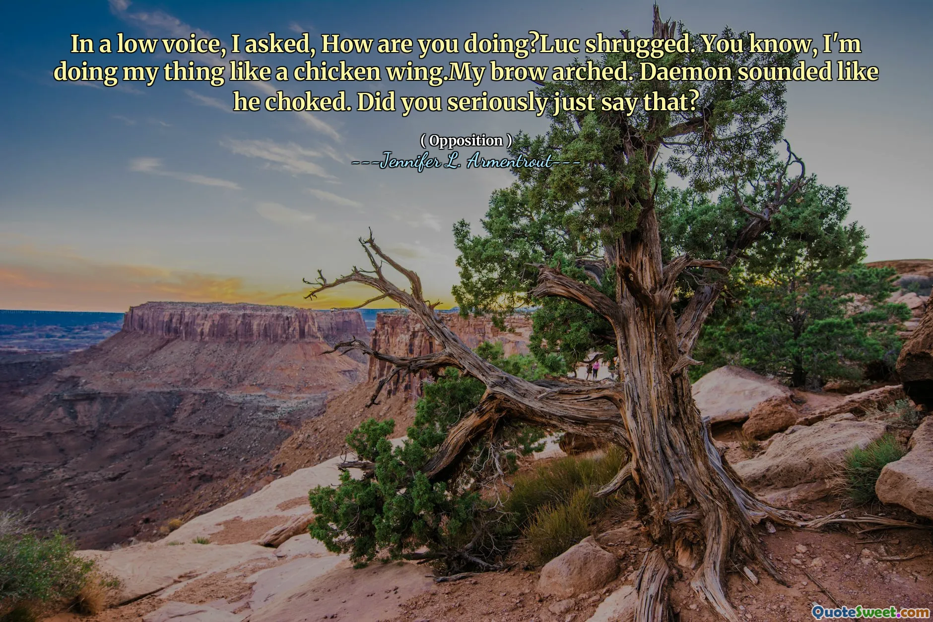 In a low voice, I asked, How are you doing?Luc shrugged. You know, I'm doing my thing like a chicken wing.My brow arched. Daemon sounded like he choked. Did you seriously just say that?