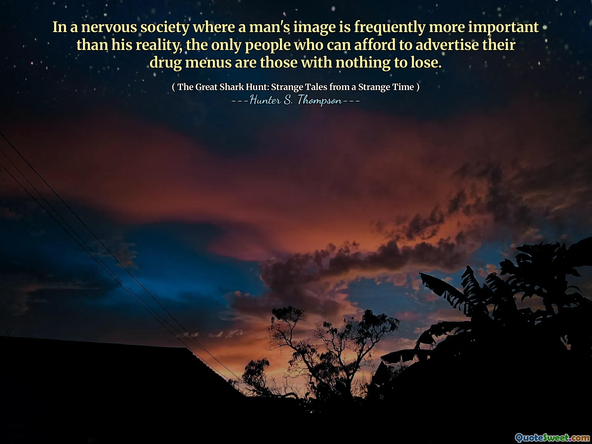 In a nervous society where a man's image is frequently more important than his reality, the only people who can afford to advertise their drug menus are those with nothing to lose.