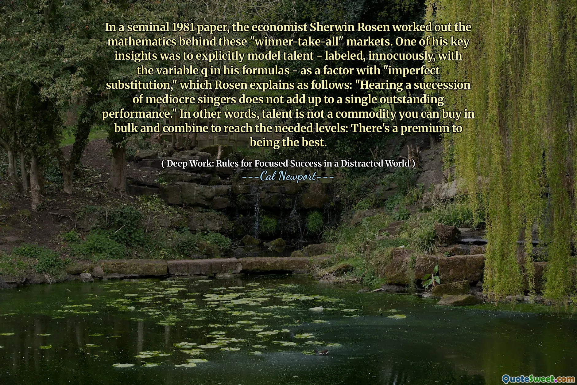 In a seminal 1981 paper, the economist Sherwin Rosen worked out the mathematics behind these "winner-take-all" markets. One of his key insights was to explicitly model talent - labeled, innocuously, with the variable q in his formulas - as a factor with "imperfect substitution," which Rosen explains as follows: "Hearing a succession of mediocre singers does not add up to a single outstanding performance." In other words, talent is not a commodity you can buy in bulk and combine to reach the needed levels: There's a premium to being the best.