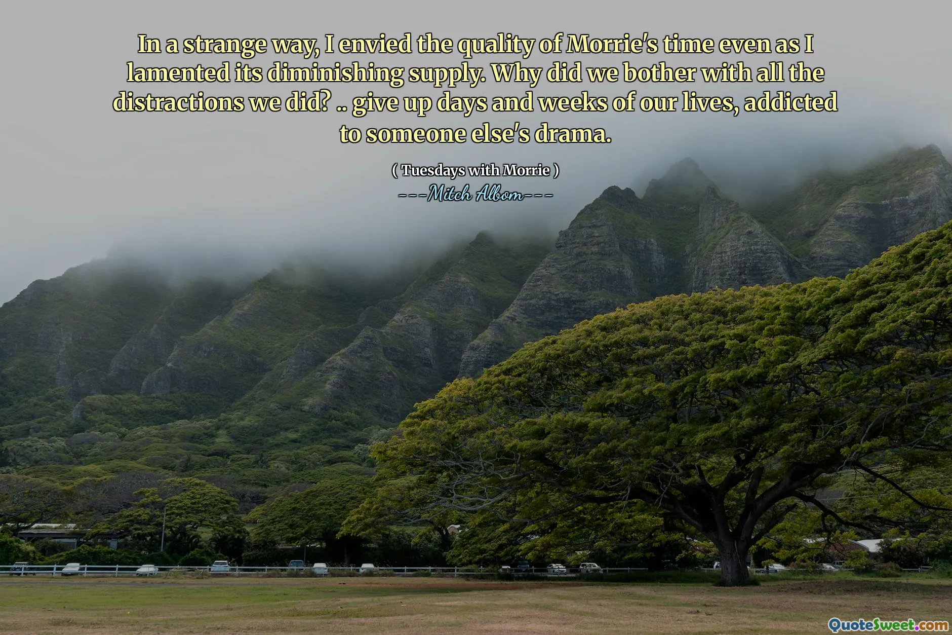 Podivným způsobem jsem záviděl na kvalitě Morrieho času, i když jsem naříkal nad jeho klesající nabídkou. Proč jsme se obtěžovali se všemi rozptýleními, které jsme udělali? .. vzdát se dní a týdnů našeho života, závislý na dramatu někoho jiného.