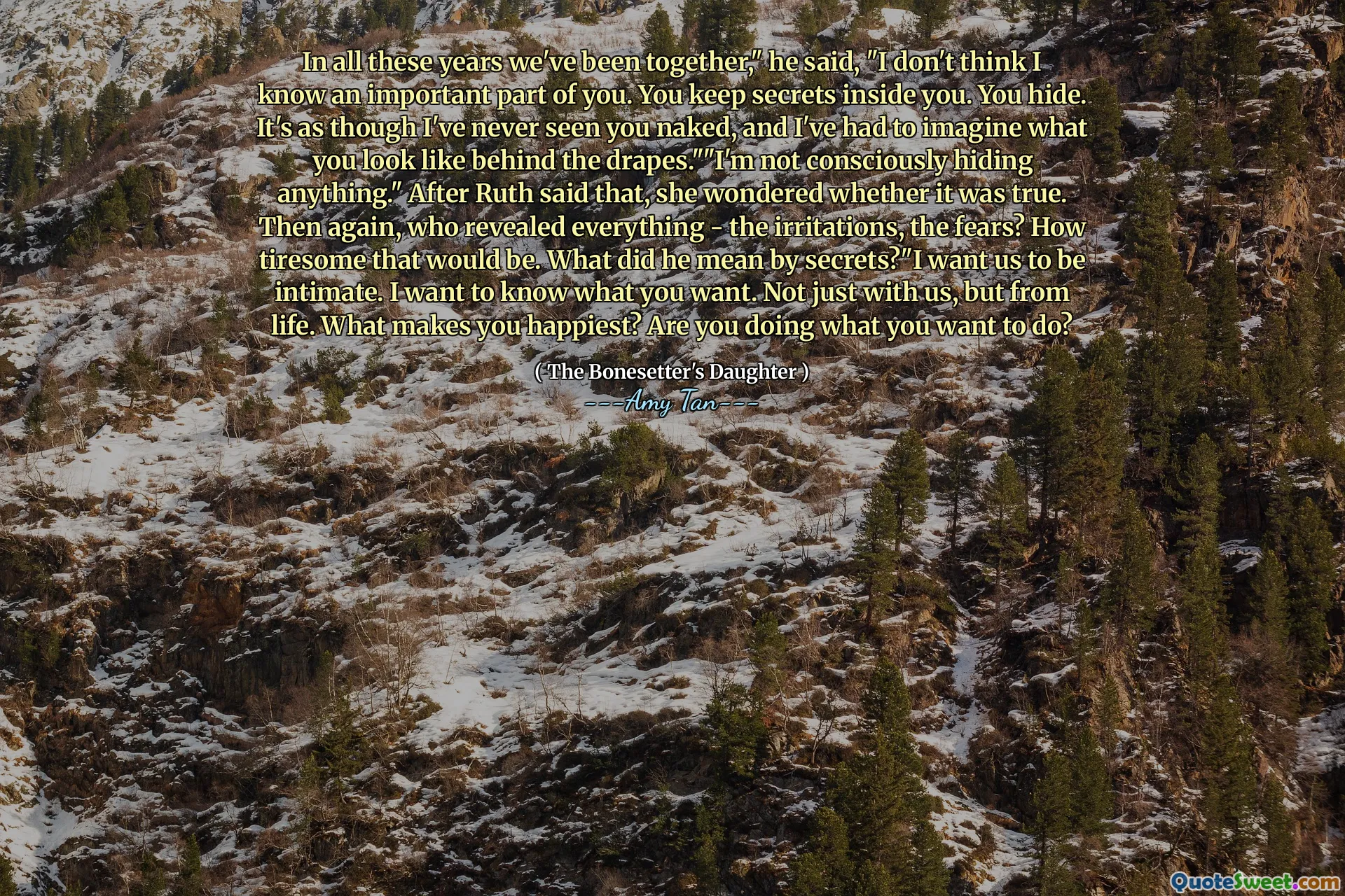 In all these years we've been together," he said, "I don't think I know an important part of you. You keep secrets inside you. You hide. It's as though I've never seen you naked, and I've had to imagine what you look like behind the drapes.""I'm not consciously hiding anything." After Ruth said that, she wondered whether it was true. Then again, who revealed everything - the irritations, the fears? How tiresome that would be. What did he mean by secrets?"I want us to be intimate. I want to know what you want. Not just with us, but from life. What makes you happiest? Are you doing what you want to do?