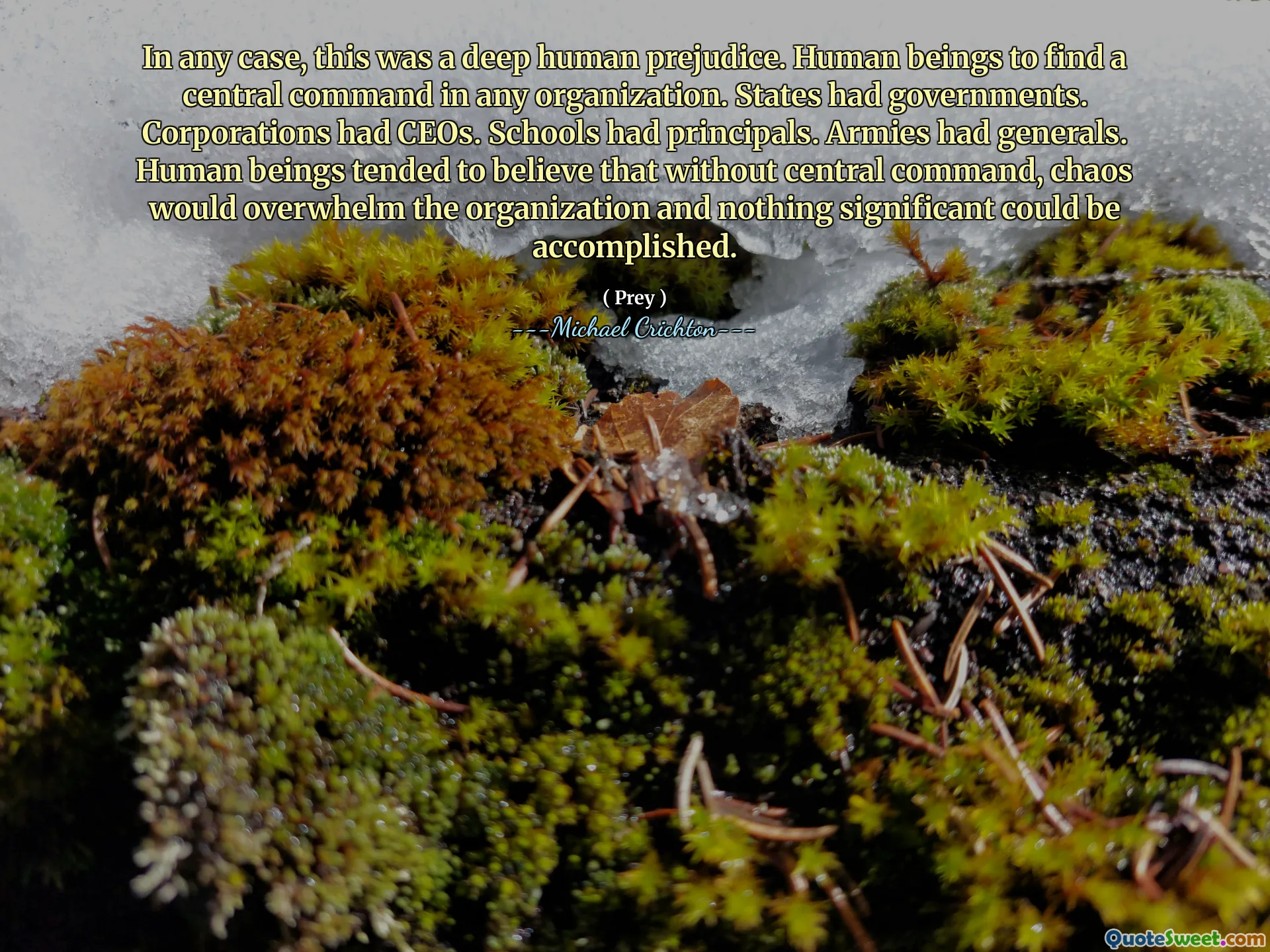 In any case, this was a deep human prejudice. Human beings to find a central command in any organization. States had governments. Corporations had CEOs. Schools had principals. Armies had generals. Human beings tended to believe that without central command, chaos would overwhelm the organization and nothing significant could be accomplished.