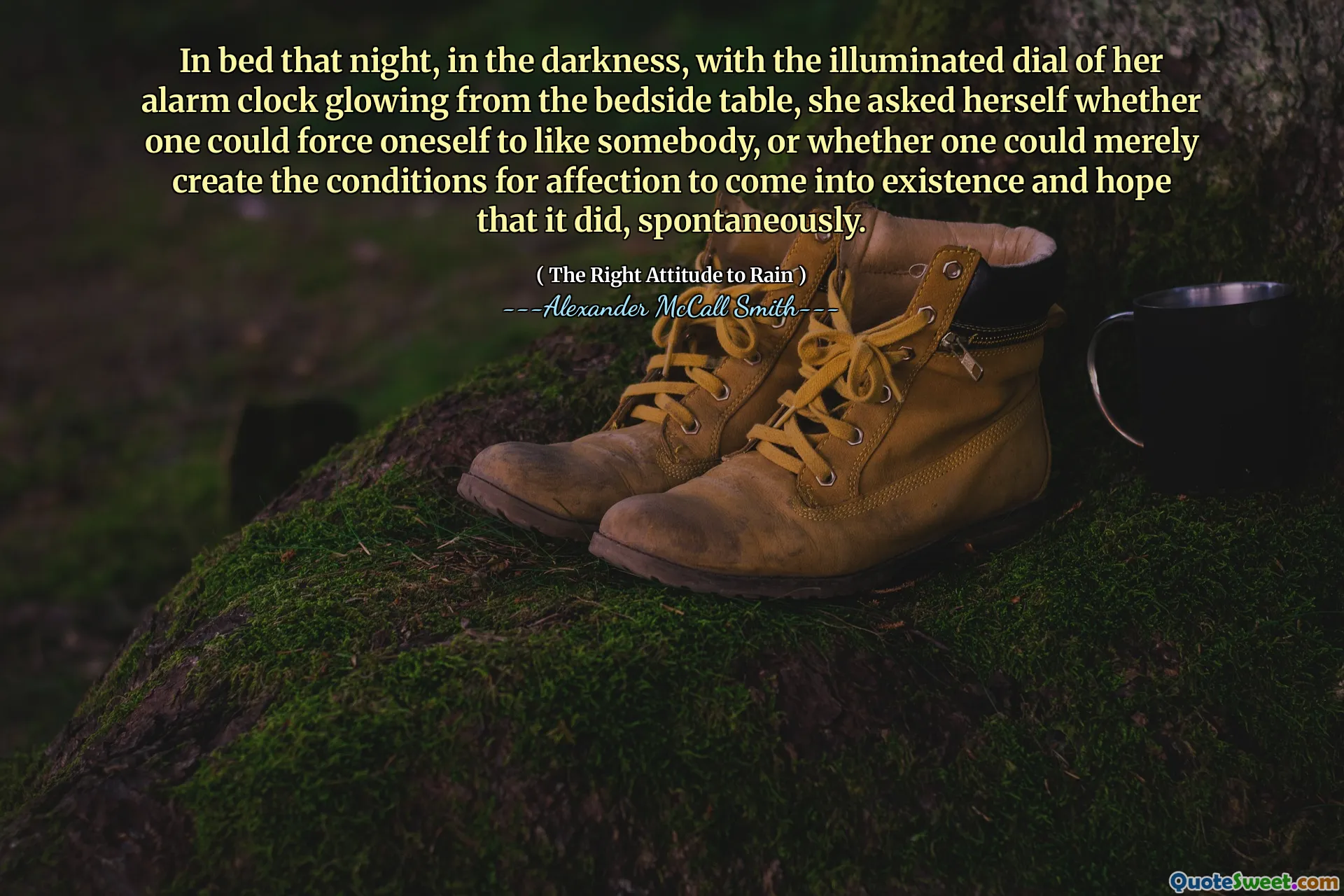 V noci v posteli, ve tmě, s osvětleným číselníkem jejího budíku zářícího z nočního stolu, se zeptala, zda by se člověk mohl donutit, aby se někdo měl rád, nebo zda by člověk mohl pouze vytvořit podmínky, aby vznikla náklonnosti a vznikla a vznikla a vznikla a vznikla a vznikla a Doufám, že se to stalo, spontánně.