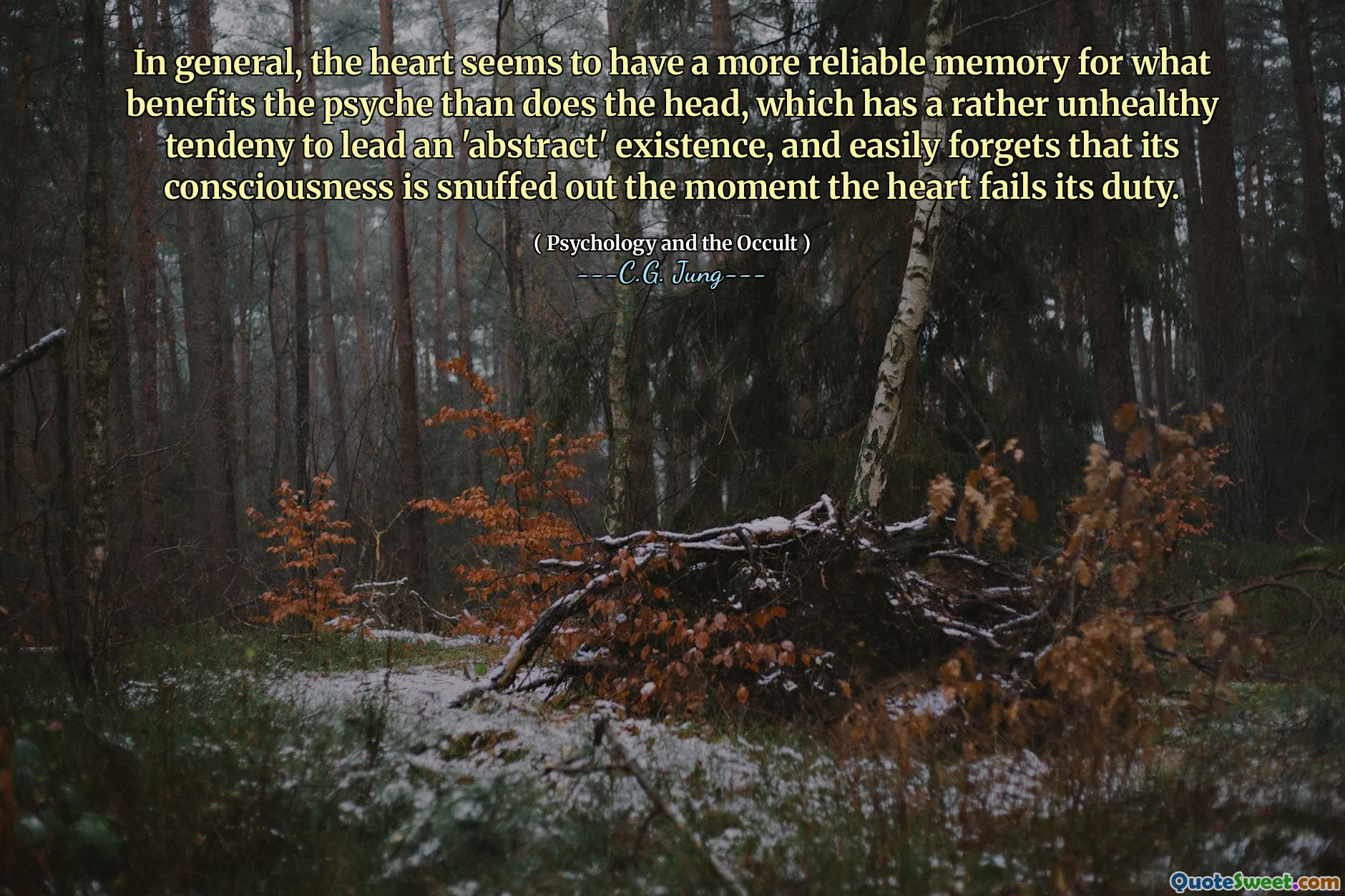 In general, the heart seems to have a more reliable memory for what benefits the psyche than does the head, which has a rather unhealthy tendeny to lead an 'abstract' existence, and easily forgets that its consciousness is snuffed out the moment the heart fails its duty.