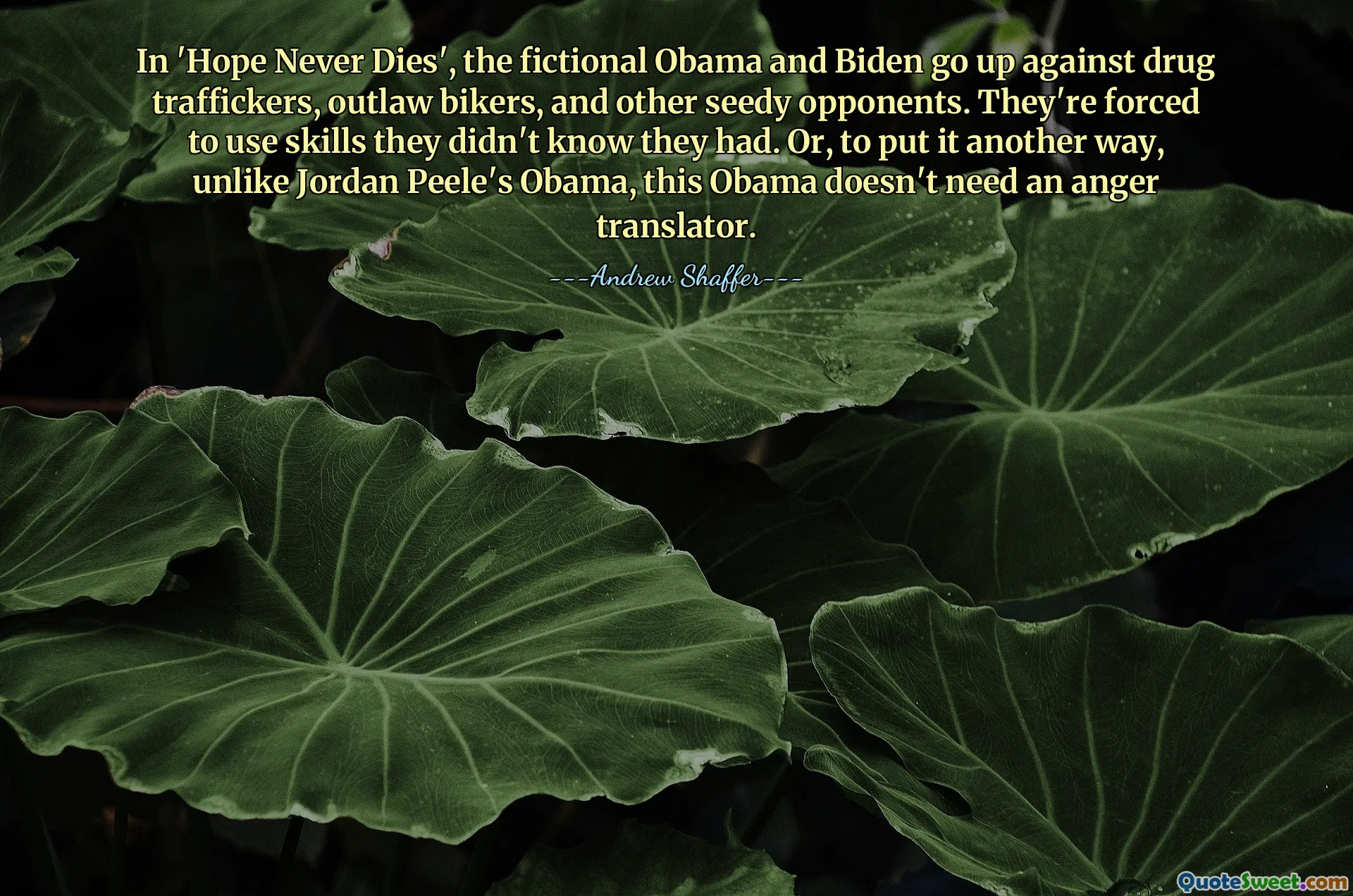 Dalam 'Hope Never Dies', tokoh fiksi Obama dan Biden melawan pengedar narkoba, pengendara motor ilegal, dan lawan kumuh lainnya. Mereka dipaksa untuk menggunakan keterampilan yang mereka tidak tahu mereka miliki. Atau, dengan kata lain, tidak seperti Obama-nya Jordan Peele, Obama kali ini tidak memerlukan penerjemah kemarahan.