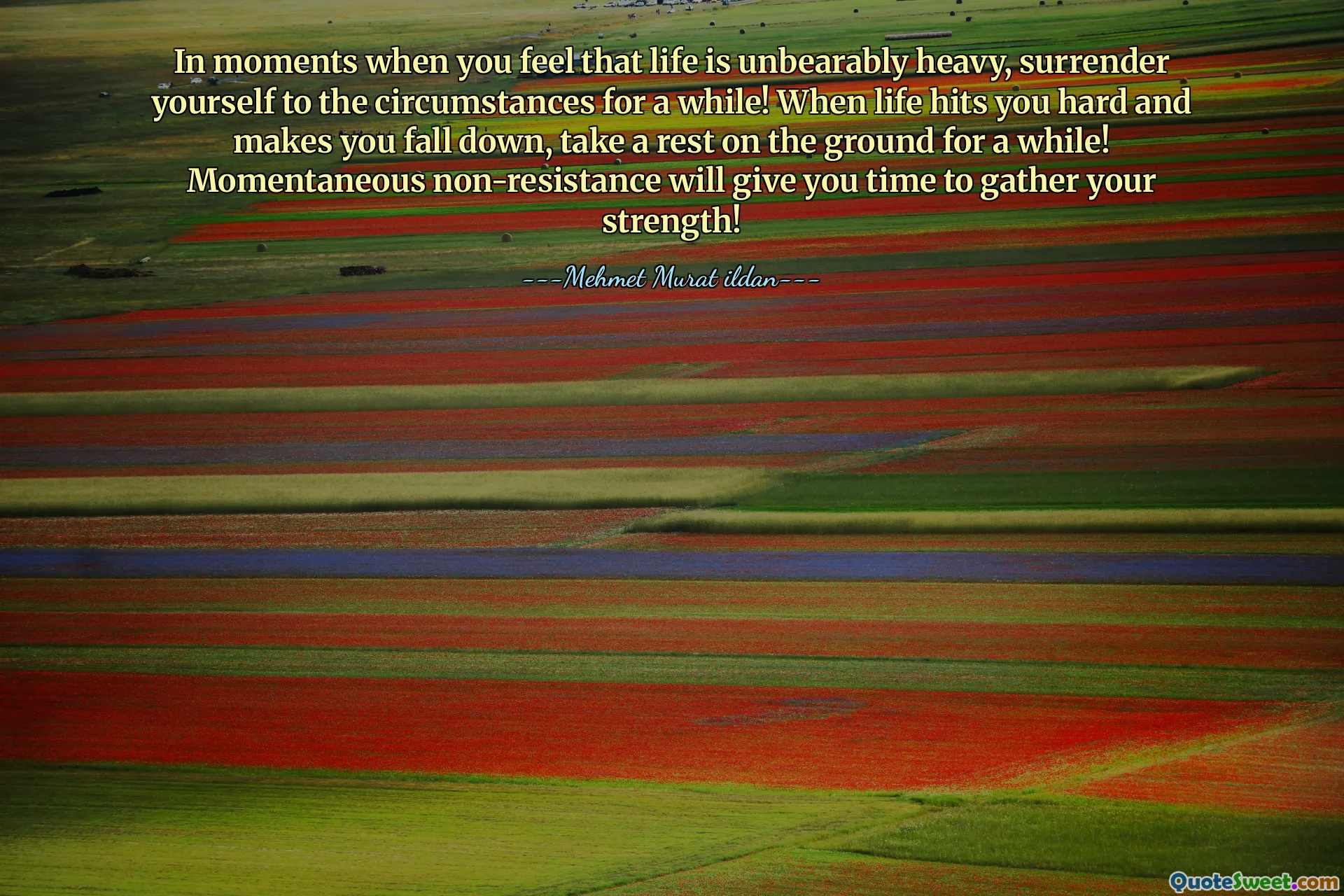 In moments when you feel that life is unbearably heavy, surrender yourself to the circumstances for a while! When life hits you hard and makes you fall down, take a rest on the ground for a while! Momentaneous non-resistance will give you time to gather your strength!