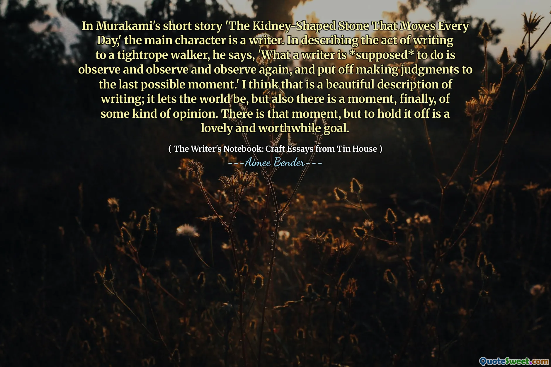 Na história curta de Murakami, 'The Rim em forma de rim que se move todos os dias', o personagem principal é um escritor. Ao descrever o ato de escrever para um caminhante da corda bamba, ele diz: 'O que um escritor deve fazer * para fazer é observar e observar e observar novamente e adiar os julgamentos até o último momento possível'. Eu acho que é uma bela descrição de escrever; Permite que o mundo seja, mas também há um momento, finalmente, de algum tipo de opinião. Há esse momento, mas para segurá -lo é um objetivo adorável e que vale a pena.