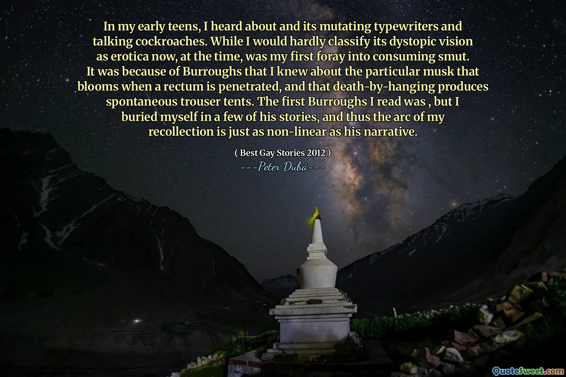 In meinen frühen Teenagern hörte ich von den mutierenden Schreibmaschinen und sprechenden Kakerlaken. Obwohl ich seine dystopische Sicht kaum als Erotik klassifizieren würde, war damals mein erster Ausflug in den Konsum von Schmutz. Aufgrund von Burroughs wusste ich über den besonderen Moschus, der blüht, wenn ein Rektum durchdrungen ist, und dass Todes- und Hanging spontane Hosenzelte erzeugt. Die ersten Burroughs, die ich las, war, aber ich habe mich in einigen seiner Geschichten begraben, und so ist der Bogen meiner Erinnerung genauso nicht linear wie seine Erzählung.