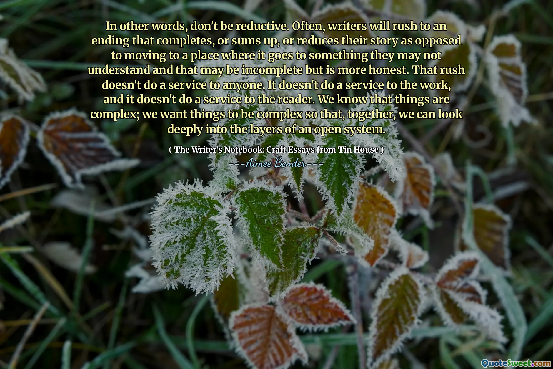 Em outras palavras, não seja redutivo. Muitas vezes, os escritores correm para um final que completa, ou resume ou reduz sua história em vez de se mudar para um lugar onde ela vai para algo que eles podem não entender e isso pode estar incompleto, mas é mais honesto. Essa pressa não faz um serviço a ninguém. Ele não faz um serviço ao trabalho e não faz um serviço ao leitor. Sabemos que as coisas são complexas; Queremos que as coisas sejam complexas para que, juntas, possamos analisar profundamente as camadas de um sistema aberto.