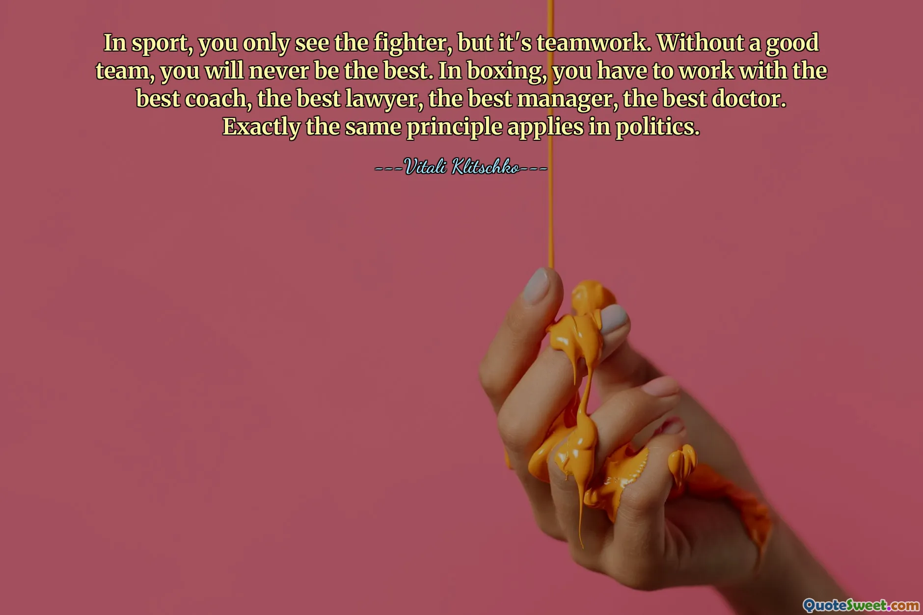 In sport, you only see the fighter, but it's teamwork. Without a good team, you will never be the best. In boxing, you have to work with the best coach, the best lawyer, the best manager, the best doctor. Exactly the same principle applies in politics.