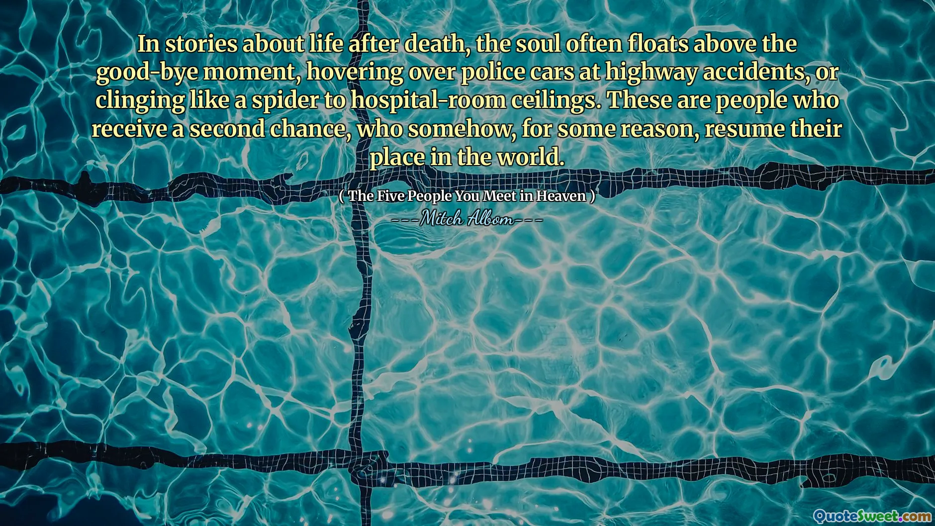 In verhalen over het leven na de dood drijft de ziel vaak boven het afscheidsmoment, zwevend over politieauto's bij snelwegongevallen, of klampen ze vast als een spin voor plafonds in de ziekenhuiskamer. Dit zijn mensen die een tweede kans ontvangen, die om de een of andere reden op de een of andere reden hun plaats in de wereld hervatten.