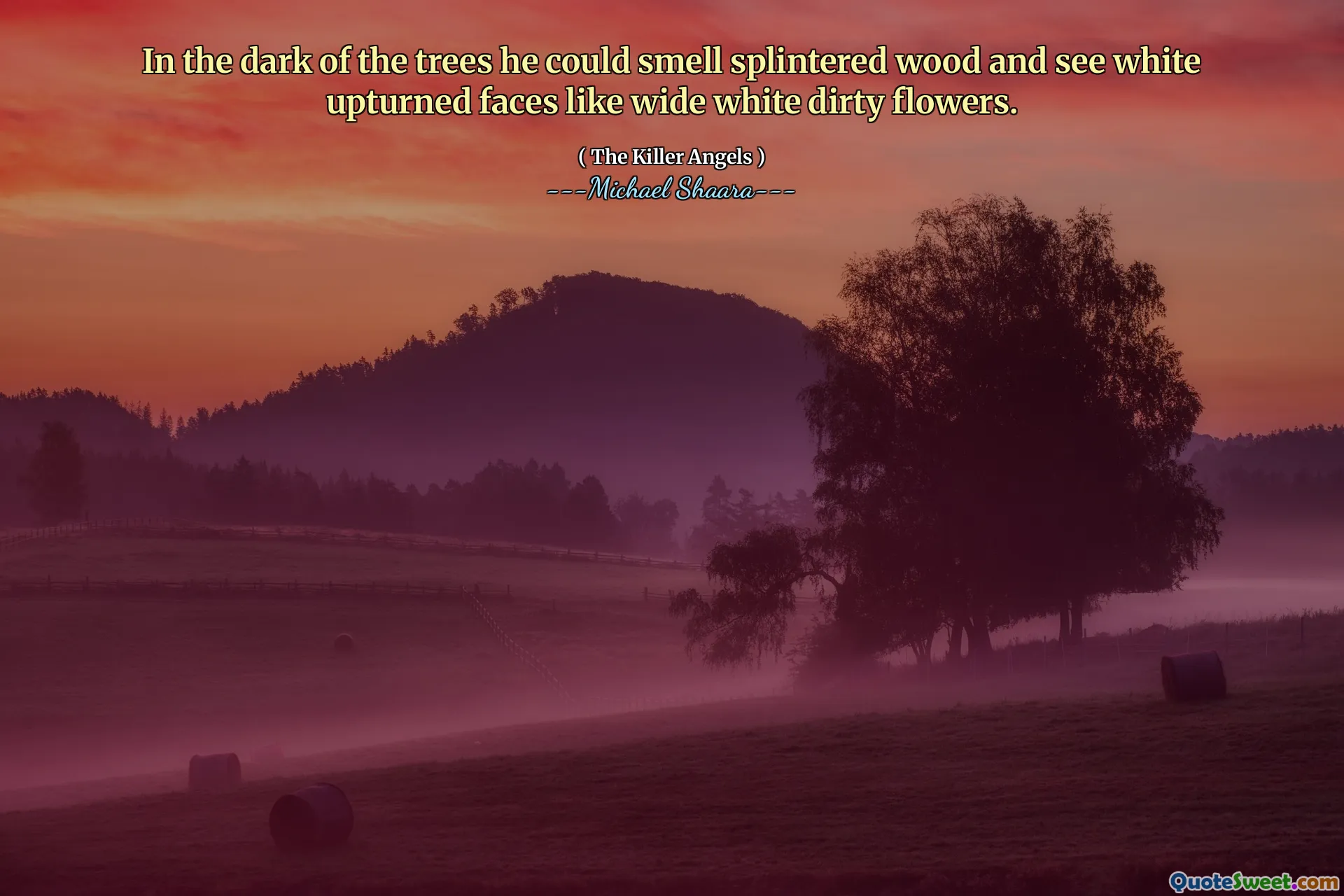 In the dark of the trees he could smell splintered wood and see white upturned faces like wide white dirty flowers.