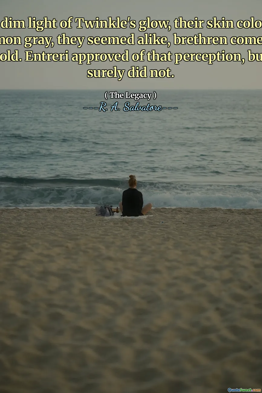 In the dim light of Twinkle's glow, their skin colors lost in a common gray, they seemed alike, brethren come from the same mold. Entreri approved of that perception, but Drizzt surely did not.