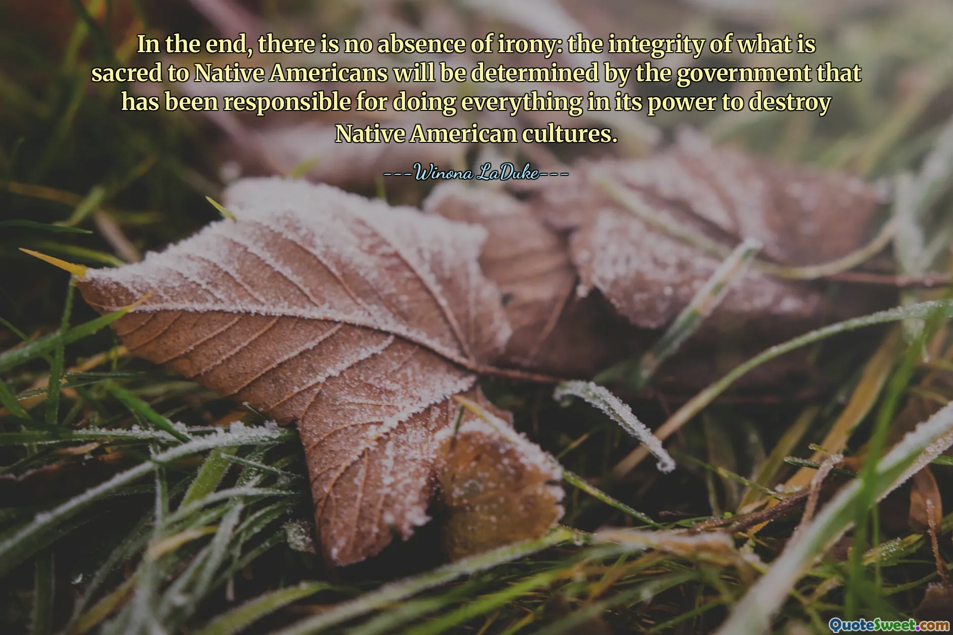 In the end, there is no absence of irony: the integrity of what is sacred to Native Americans will be determined by the government that has been responsible for doing everything in its power to destroy Native American cultures.