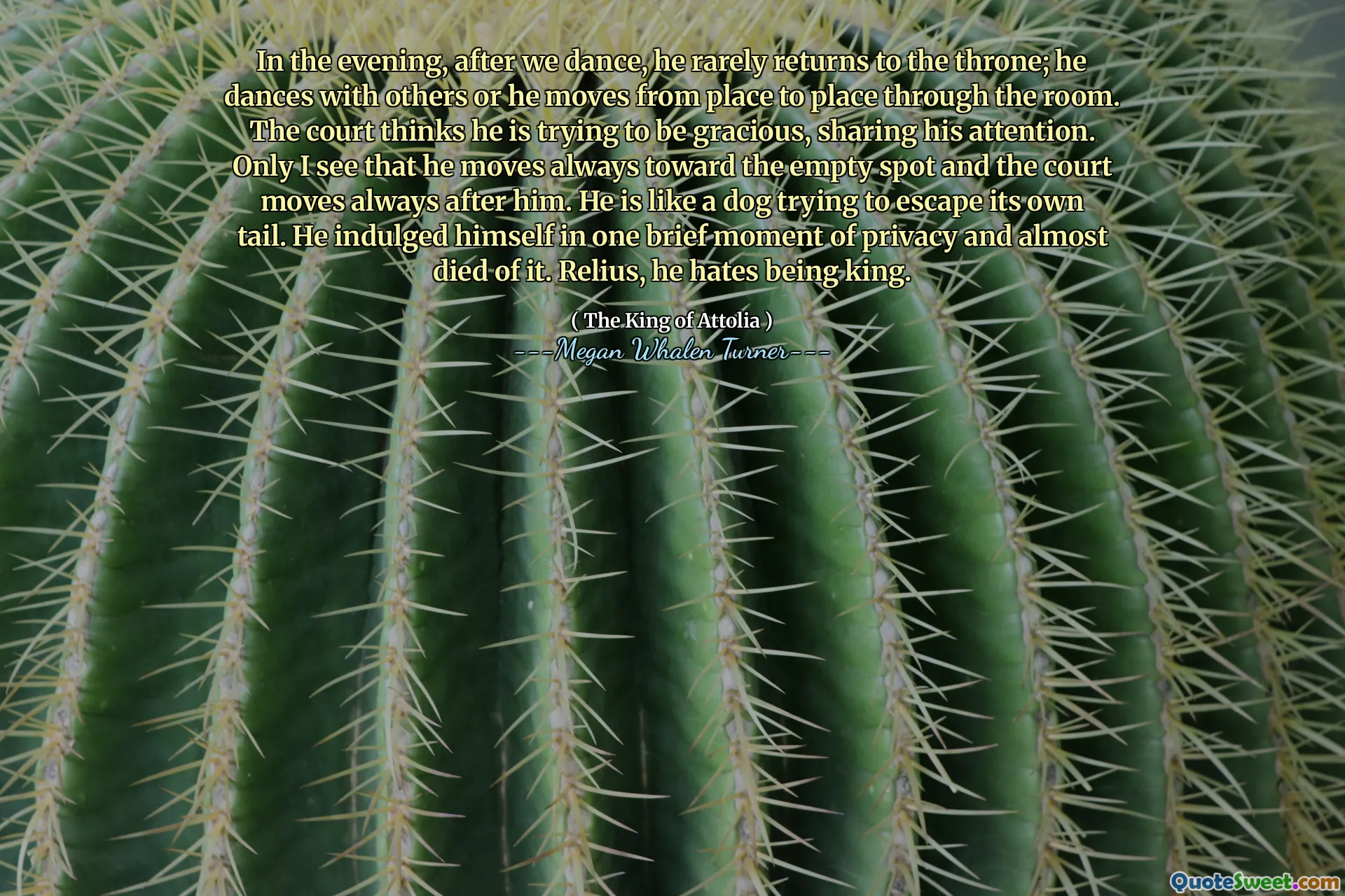 In the evening, after we dance, he rarely returns to the throne; he dances with others or he moves from place to place through the room. The court thinks he is trying to be gracious, sharing his attention. Only I see that he moves always toward the empty spot and the court moves always after him. He is like a dog trying to escape its own tail. He indulged himself in one brief moment of privacy and almost died of it. Relius, he hates being king.