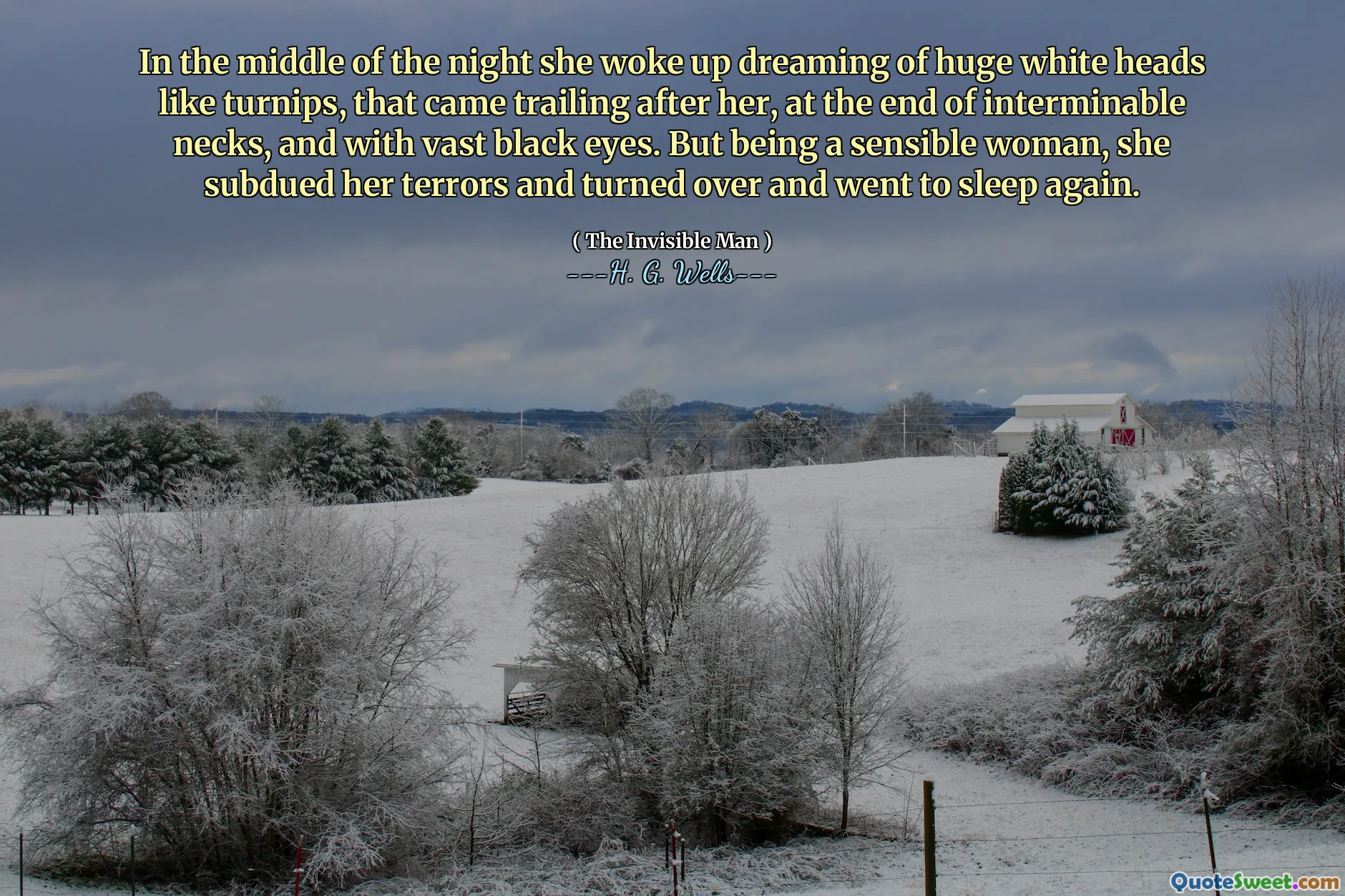 In the middle of the night she woke up dreaming of huge white heads like turnips, that came trailing after her, at the end of interminable necks, and with vast black eyes. But being a sensible woman, she subdued her terrors and turned over and went to sleep again.