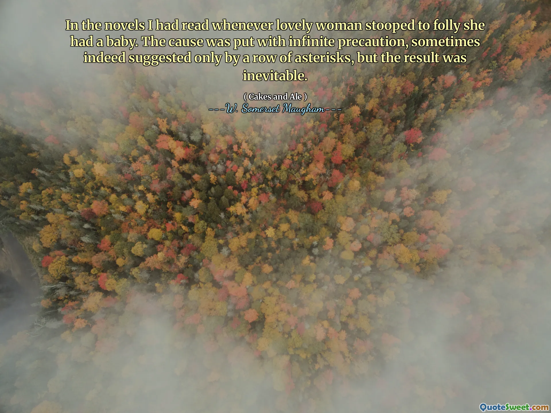 In the novels I had read whenever lovely woman stooped to folly she had a baby. The cause was put with infinite precaution, sometimes indeed suggested only by a row of asterisks, but the result was inevitable.