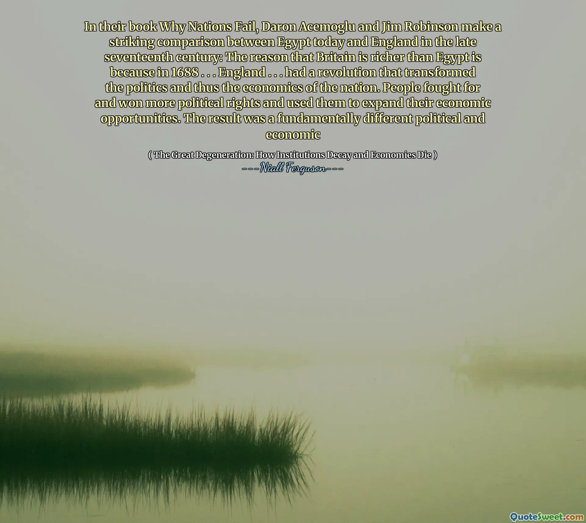 In their book Why Nations Fail, Daron Acemoglu and Jim Robinson make a striking comparison between Egypt today and England in the late seventeenth century: The reason that Britain is richer than Egypt is because in 1688 . . . England . . . had a revolution that transformed the politics and thus the economics of the nation. People fought for and won more political rights and used them to expand their economic opportunities. The result was a fundamentally different political and economic