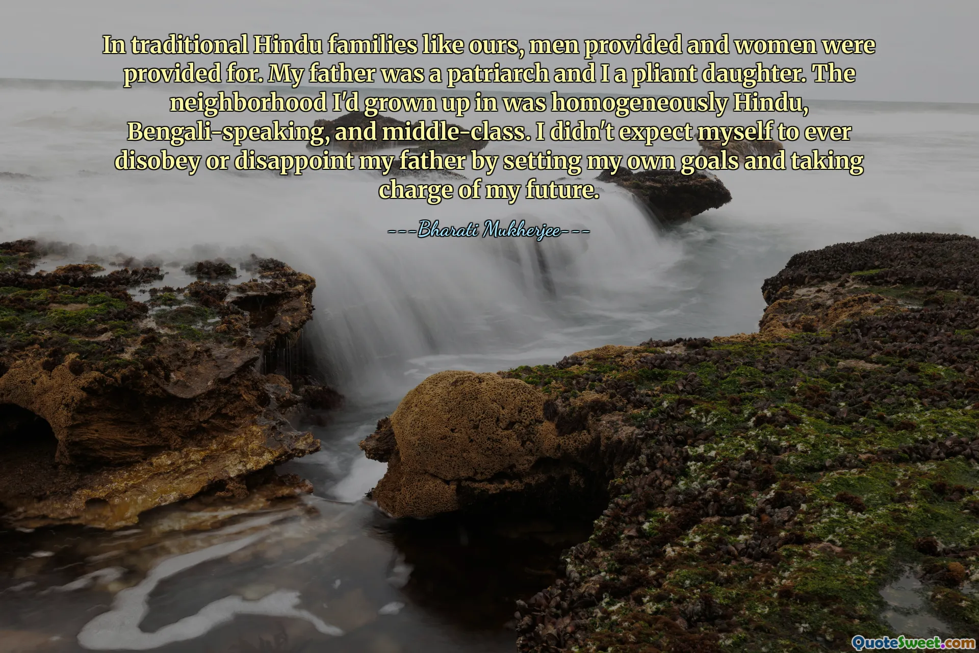 In traditional Hindu families like ours, men provided and women were provided for. My father was a patriarch and I a pliant daughter. The neighborhood I'd grown up in was homogeneously Hindu, Bengali-speaking, and middle-class. I didn't expect myself to ever disobey or disappoint my father by setting my own goals and taking charge of my future.