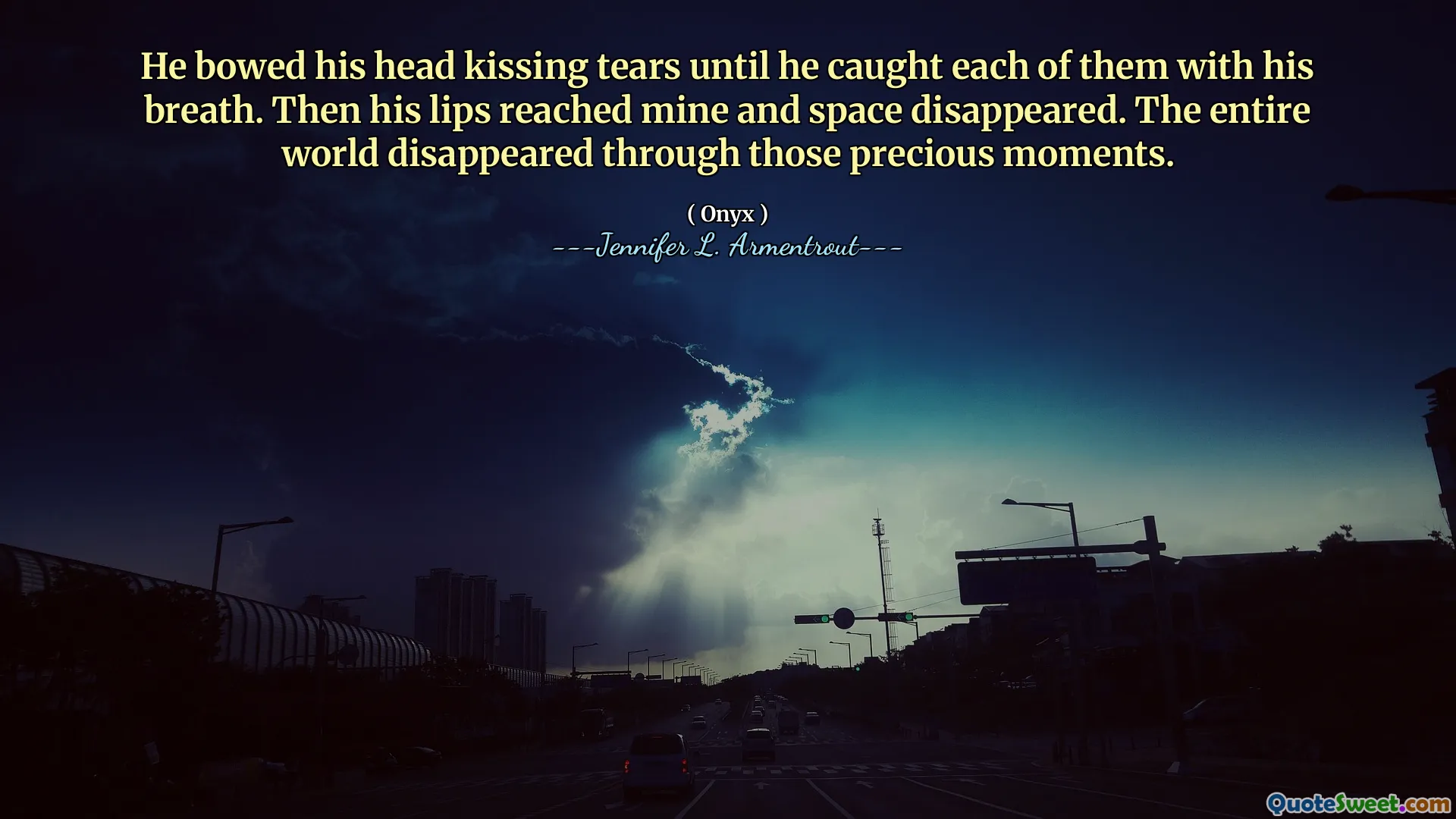 He bowed his head kissing tears until he caught each of them with his breath. Then his lips reached mine and space disappeared. The entire world disappeared through those precious moments.