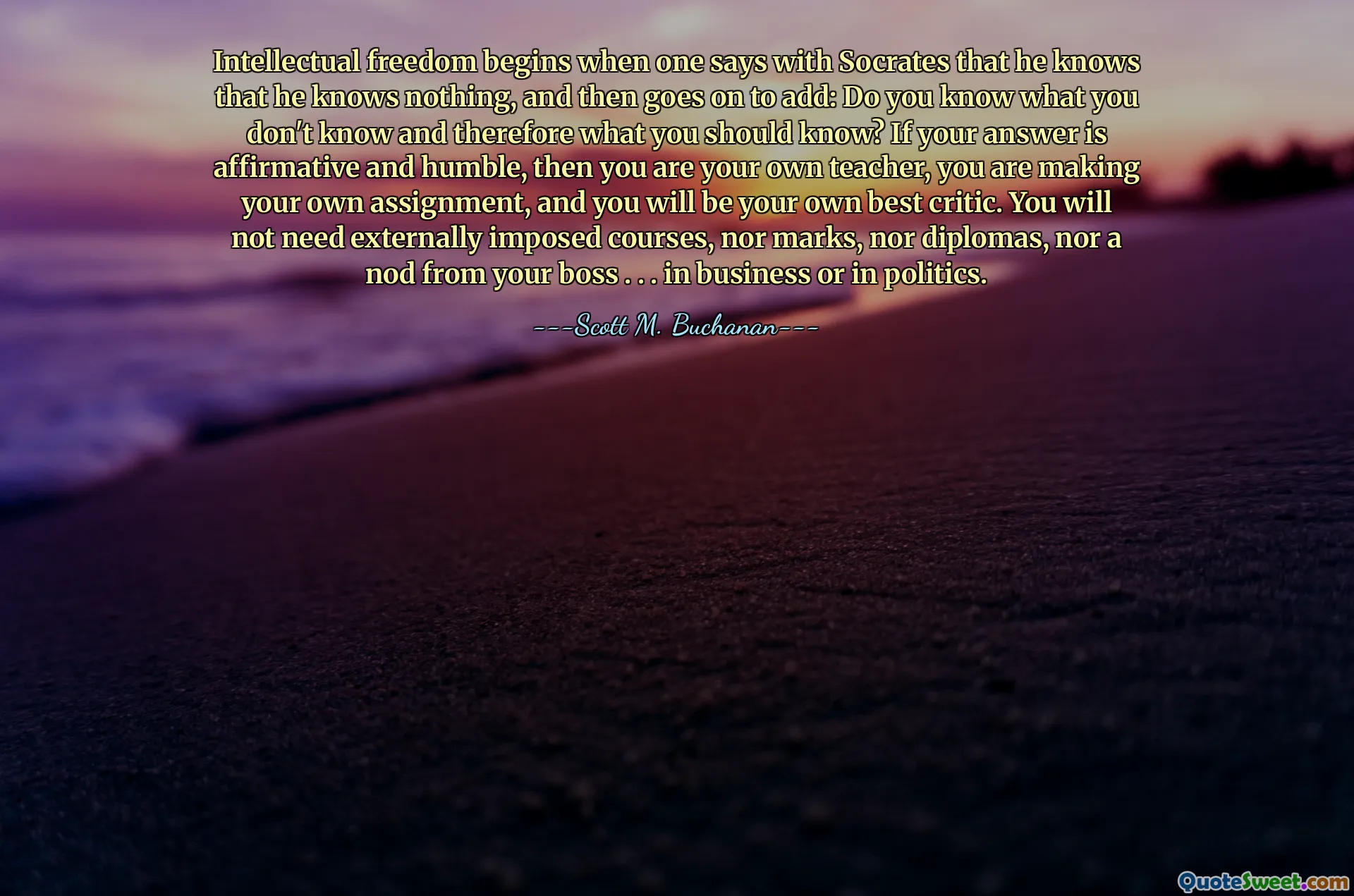 Intellectual freedom begins when one says with Socrates that he knows that he knows nothing, and then goes on to add: Do you know what you don't know and therefore what you should know? If your answer is affirmative and humble, then you are your own teacher, you are making your own assignment, and you will be your own best critic. You will not need externally imposed courses, nor marks, nor diplomas, nor a nod from your boss . . . in business or in politics.