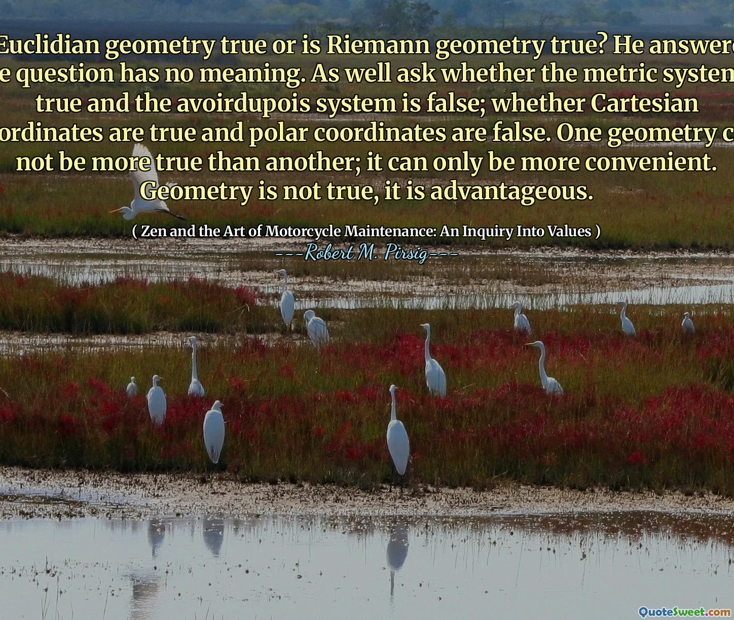 Is Euclidian geometry true or is Riemann geometry true? He answered, The question has no meaning. As well ask whether the metric system is true and the avoirdupois system is false; whether Cartesian coordinates are true and polar coordinates are false. One geometry can not be more true than another; it can only be more convenient. Geometry is not true, it is advantageous.