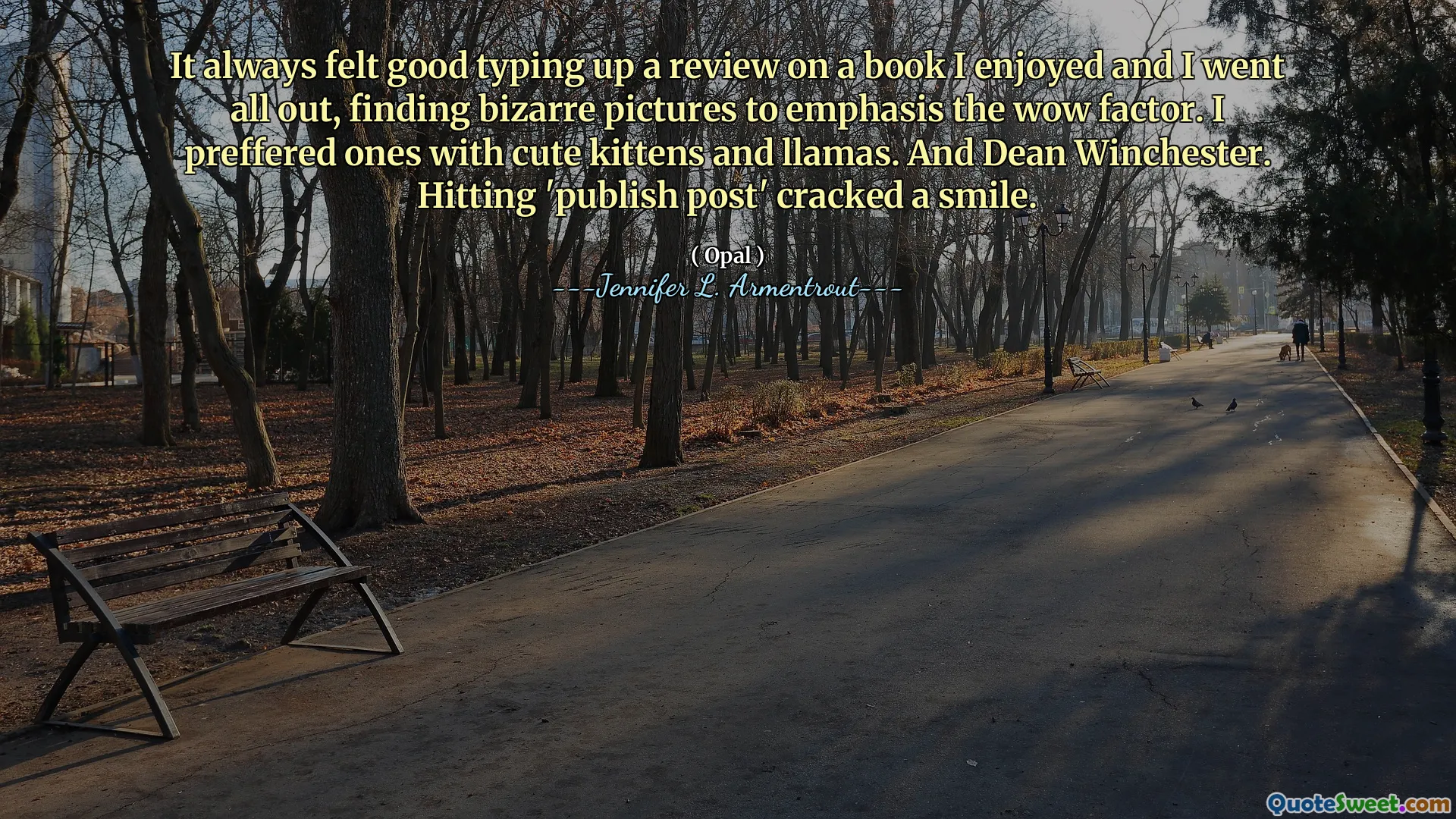 It always felt good typing up a review on a book I enjoyed and I went all out, finding bizarre pictures to emphasis the wow factor. I preffered ones with cute kittens and llamas. And Dean Winchester. Hitting 'publish post' cracked a smile.