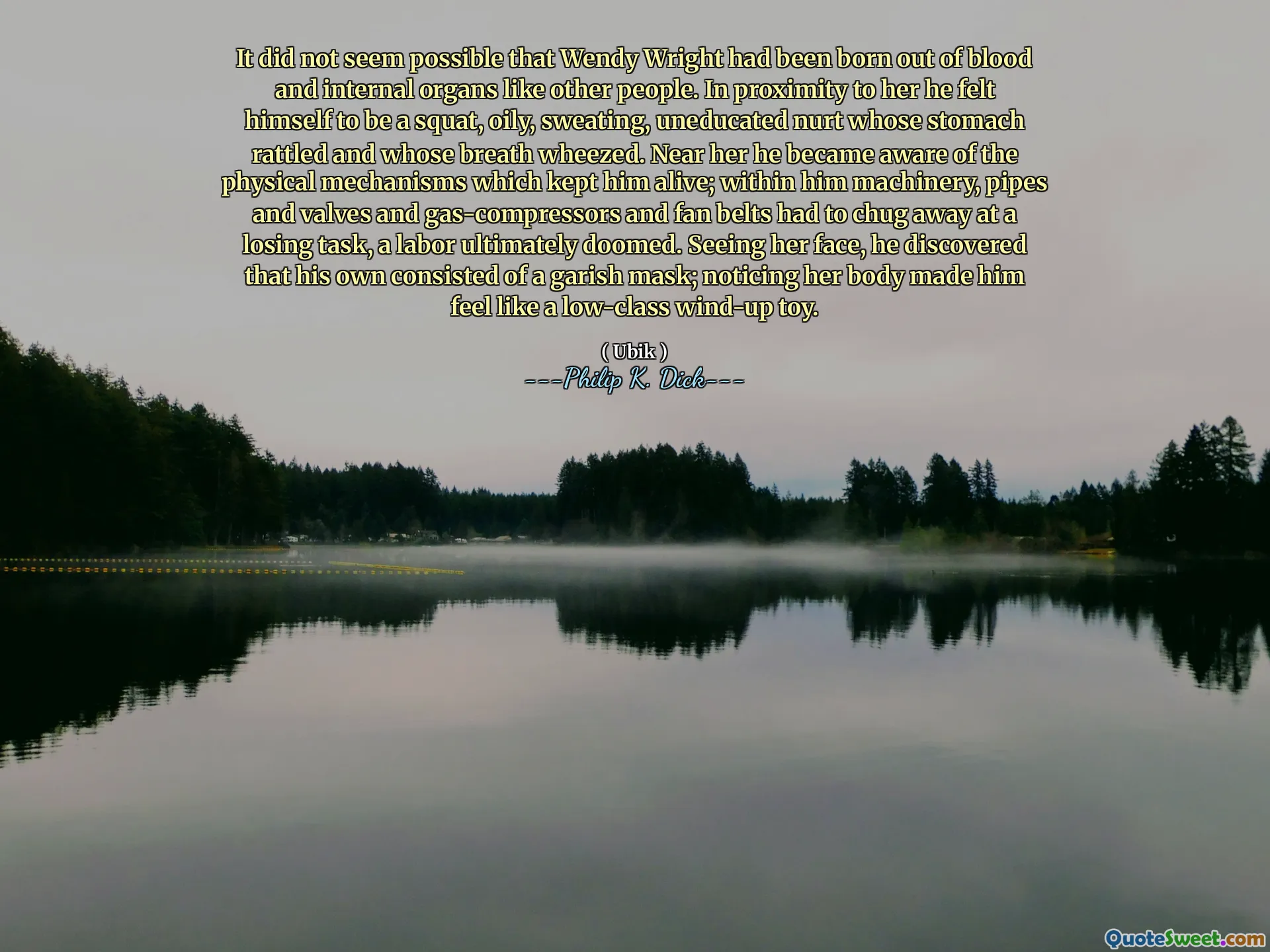 No parecía posible que Wendy Wright hubiera nacido de sangre y órganos internos como otras personas. Muy proximidad a ella, se sintió a sí mismo como un criado en cuclillas, grasas, sudoras y sin educación, cuyo estómago se sacudió y cuyo aliento jadeó. Cerca de ella se dio cuenta de los mecanismos físicos que lo mantuvieron vivo; Dentro de él, la maquinaria, las tuberías y las válvulas y los compresores de gas y los cinturones de ventiladores tuvieron que alejarse en una tarea perdedora, un parto finalmente condenado. Al ver su rostro, descubrió que la suya consistía en una máscara llamativa; Notando que su cuerpo lo hizo sentir como un juguete de liquidación de baja clase.