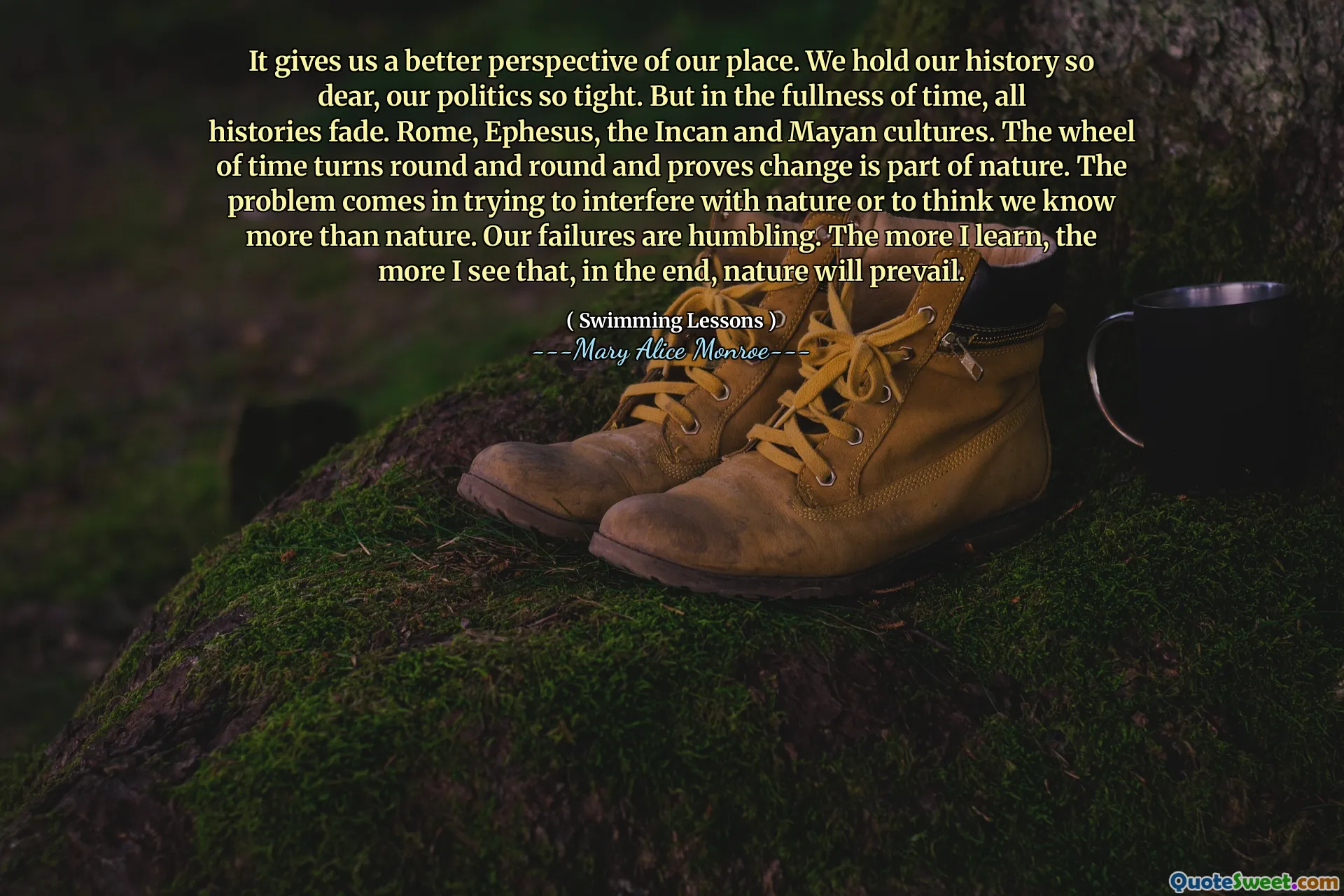 Isso nos dá uma perspectiva melhor do nosso lugar. Consideramos nossa história tão querida, nossa política tão apertada. Mas na plenitude do tempo, todas as histórias desaparecem. Roma, Éfeso, as culturas incan e maias. A roda do tempo gira e redonda e prova que a mudança faz parte da natureza. O problema vem tentando interferir na natureza ou pensar que sabemos mais do que a natureza. Nossas falhas são humilhantes. Quanto mais eu aprendo, mais vejo que, no final, a natureza prevalecerá.