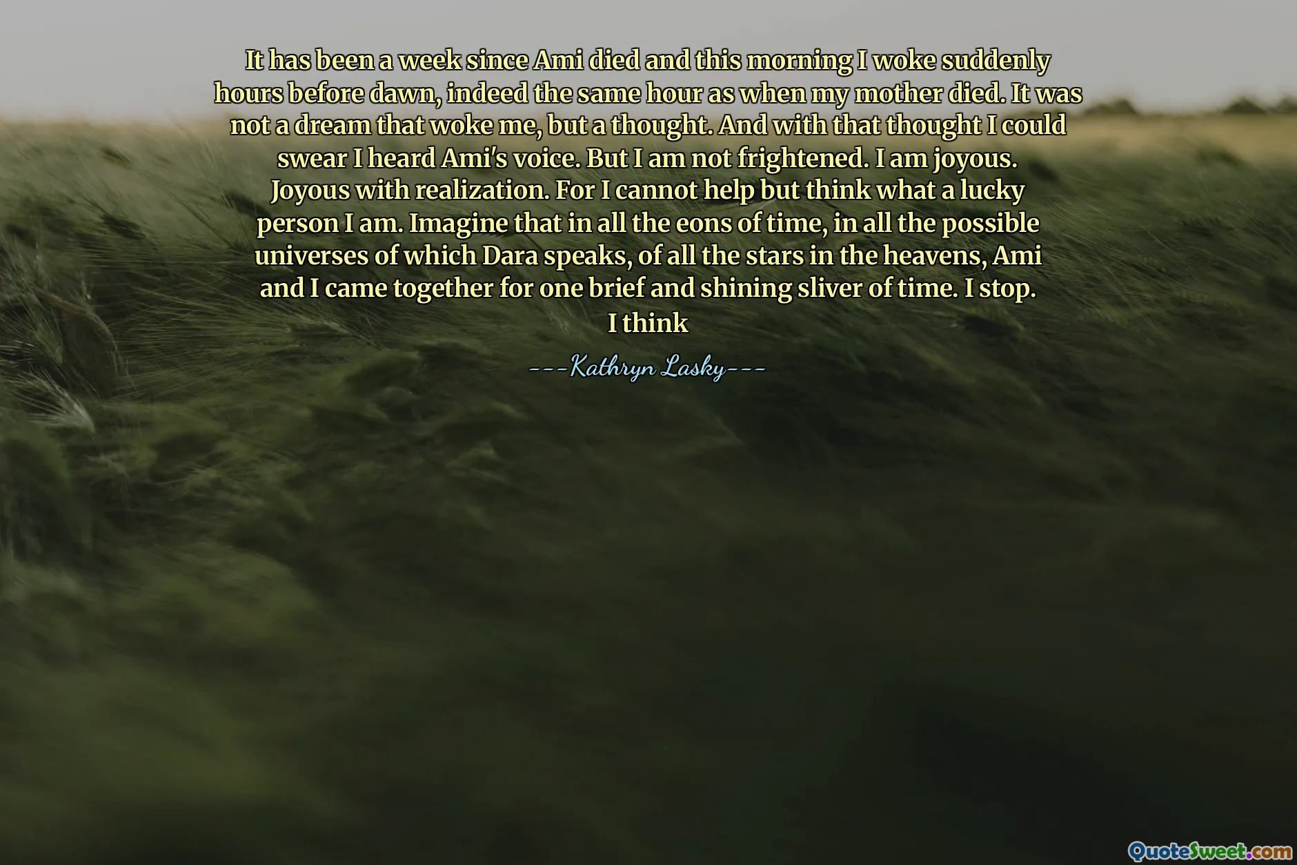 自阿米（Ami）去世以来已经有一个星期了，今天早上我突然在黎明前几个小时醒来，实际上和母亲去世时一样。这不是一个唤醒我的梦，而是一个想法。有了这个想法，我可以发誓我听到了阿米的声音。但是我没有受到害怕。我很高兴。认识到欢乐。因为我不禁会想我是一个幸运的人。想象一下，在达拉所说的所有可能的宇宙中，在天堂中的所有明星中，我和Ami在一起，我一起出现了一个简短而闪亮的时间。我停下来。我认为