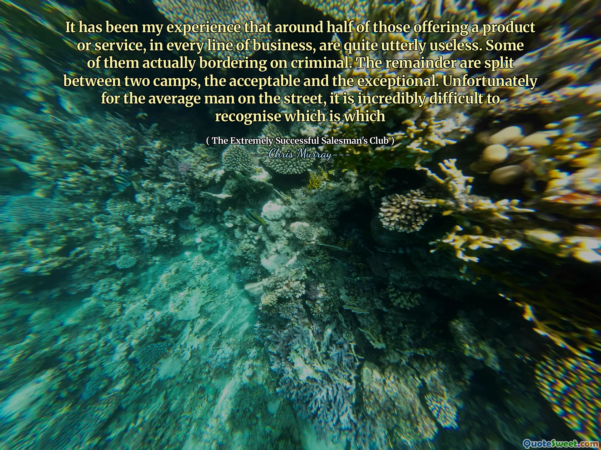 Det har varit min erfarenhet att ungefär hälften av dem som erbjuder en produkt eller tjänst, i varje affärslinje, är ganska helt värdelösa. Några av dem gränsar faktiskt till kriminella. Resten är uppdelade mellan två läger, det acceptabla och det exceptionella. Tyvärr för den genomsnittliga mannen på gatan är det oerhört svårt att känna igen vilken som är vilken