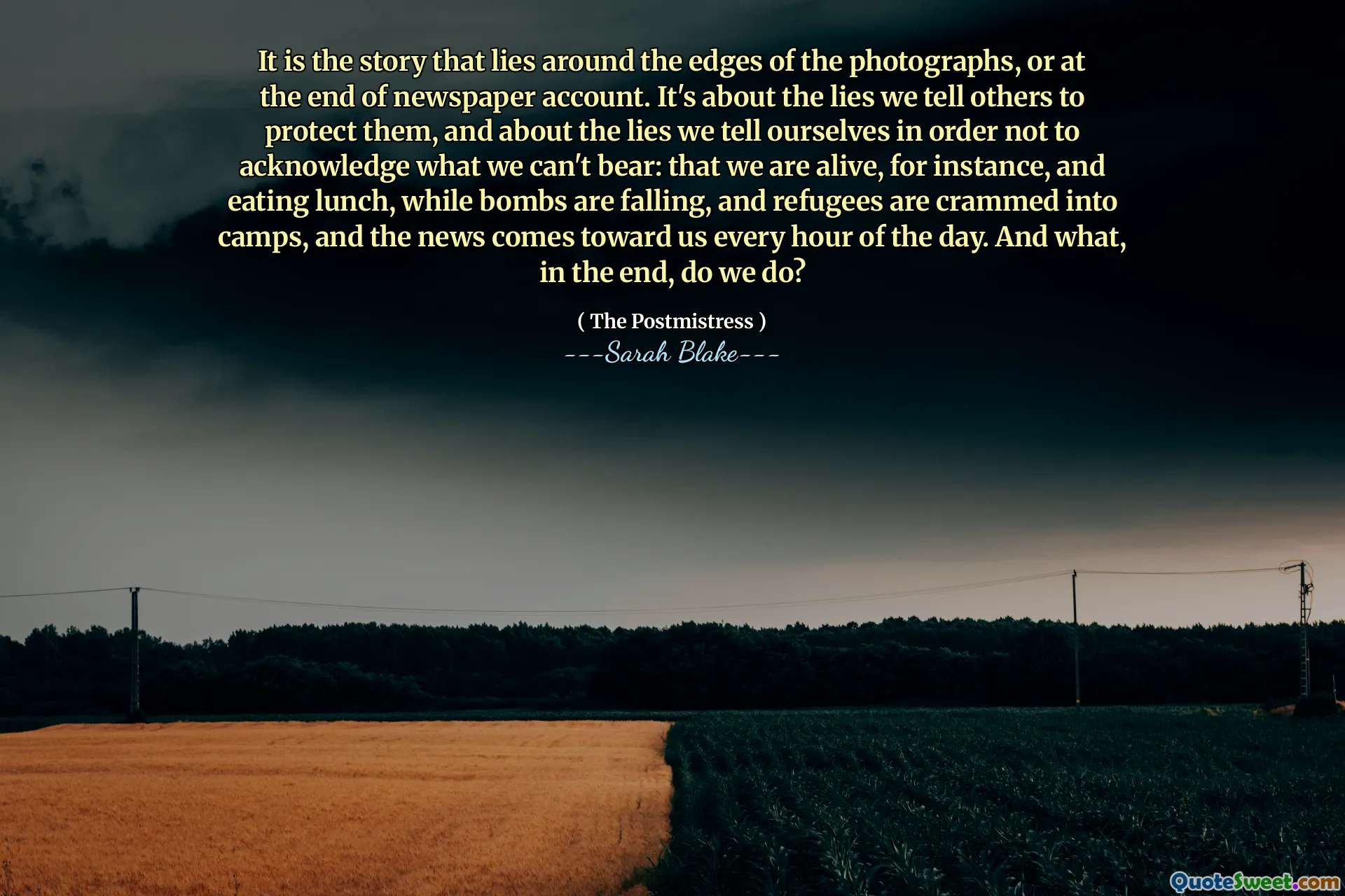 It is the story that lies around the edges of the photographs, or at the end of newspaper account. It's about the lies we tell others to protect them, and about the lies we tell ourselves in order not to acknowledge what we can't bear: that we are alive, for instance, and eating lunch, while bombs are falling, and refugees are crammed into camps, and the news comes toward us every hour of the day. And what, in the end, do we do?