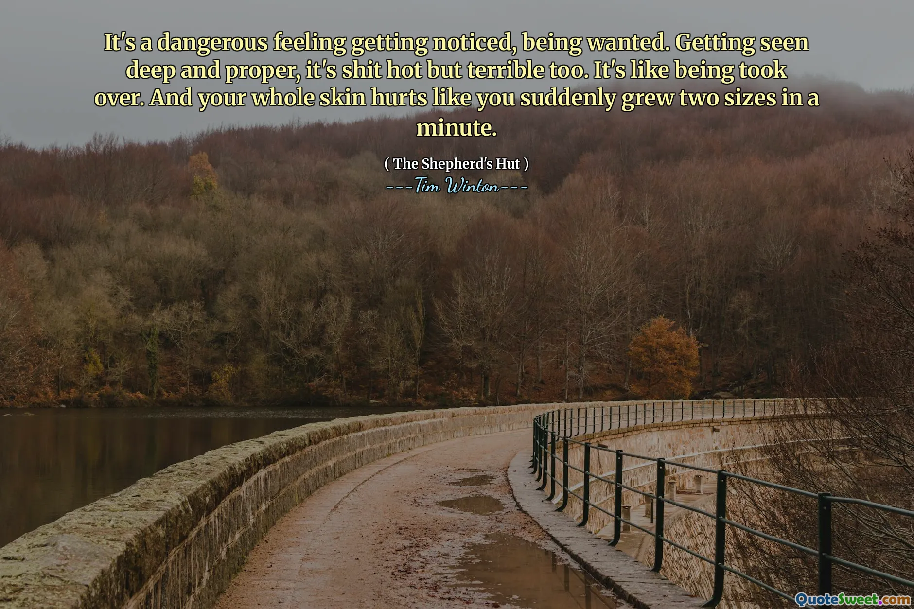 It's a dangerous feeling getting noticed, being wanted. Getting seen deep and proper, it's shit hot but terrible too. It's like being took over. And your whole skin hurts like you suddenly grew two sizes in a minute.
