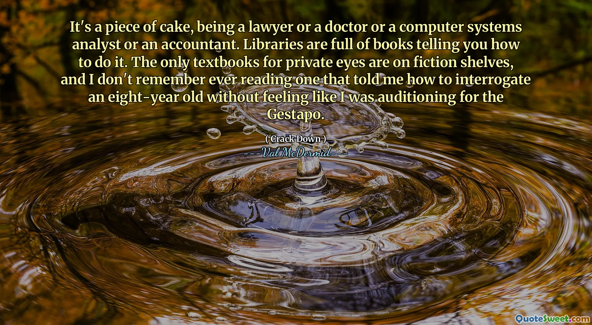 It's a piece of cake, being a lawyer or a doctor or a computer systems analyst or an accountant. Libraries are full of books telling you how to do it. The only textbooks for private eyes are on fiction shelves, and I don't remember ever reading one that told me how to interrogate an eight-year old without feeling like I was auditioning for the Gestapo.