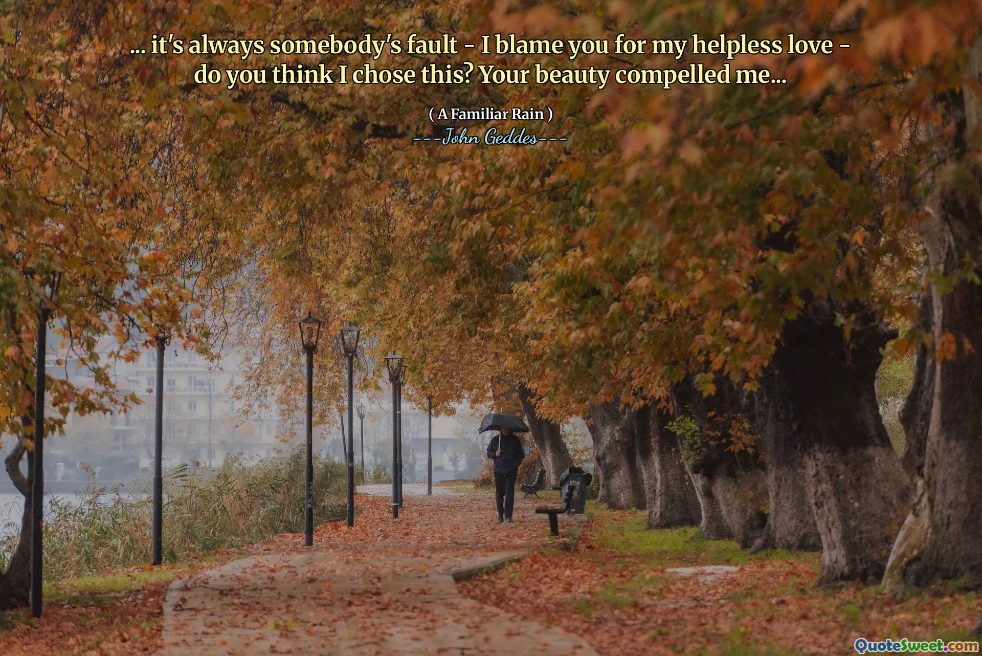 ... it's always somebody's fault - I blame you for my helpless love - do you think I chose this? Your beauty compelled me...