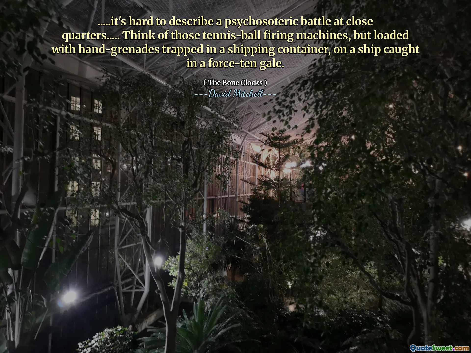 ......很难描述一场近距离的心理战斗......想想那些网球发射机，但装满了手榴弹，困在一个集装箱里，在一艘被十级力量困住的船上大风。