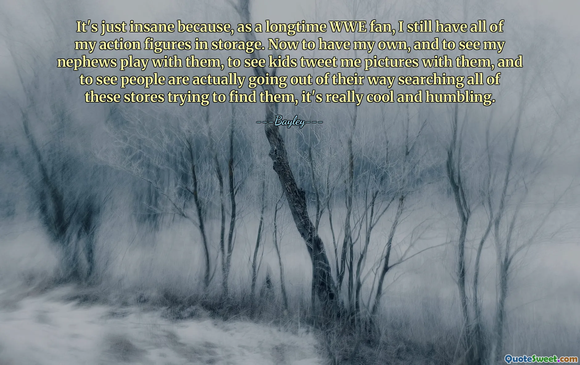 It's just insane because, as a longtime WWE fan, I still have all of my action figures in storage. Now to have my own, and to see my nephews play with them, to see kids tweet me pictures with them, and to see people are actually going out of their way searching all of these stores trying to find them, it's really cool and humbling.
