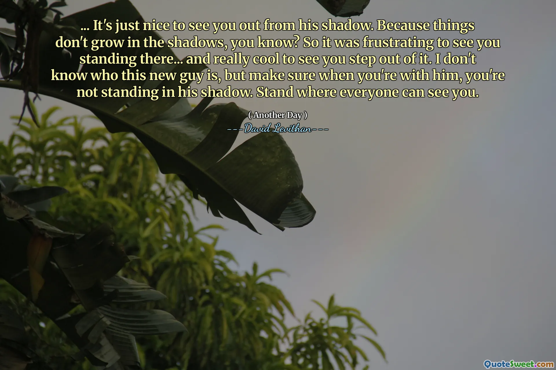 ... It's just nice to see you out from his shadow. Because things don't grow in the shadows, you know? So it was frustrating to see you standing there... and really cool to see you step out of it. I don't know who this new guy is, but make sure when you're with him, you're not standing in his shadow. Stand where everyone can see you.