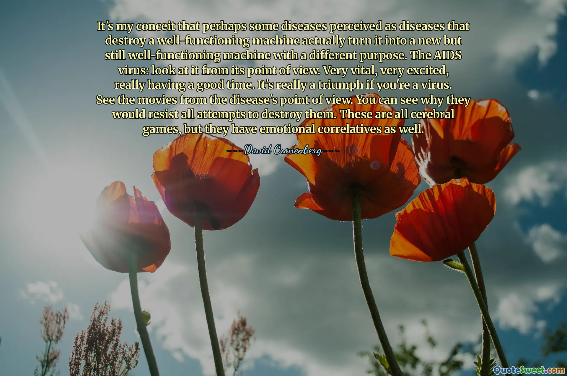 It's my conceit that perhaps some diseases perceived as diseases that destroy a well-functioning machine actually turn it into a new but still well-functioning machine with a different purpose. The AIDS virus: look at it from its point of view. Very vital, very excited, really having a good time. It's really a triumph if you're a virus. See the movies from the disease's point of view. You can see why they would resist all attempts to destroy them. These are all cerebral games, but they have emotional correlatives as well.