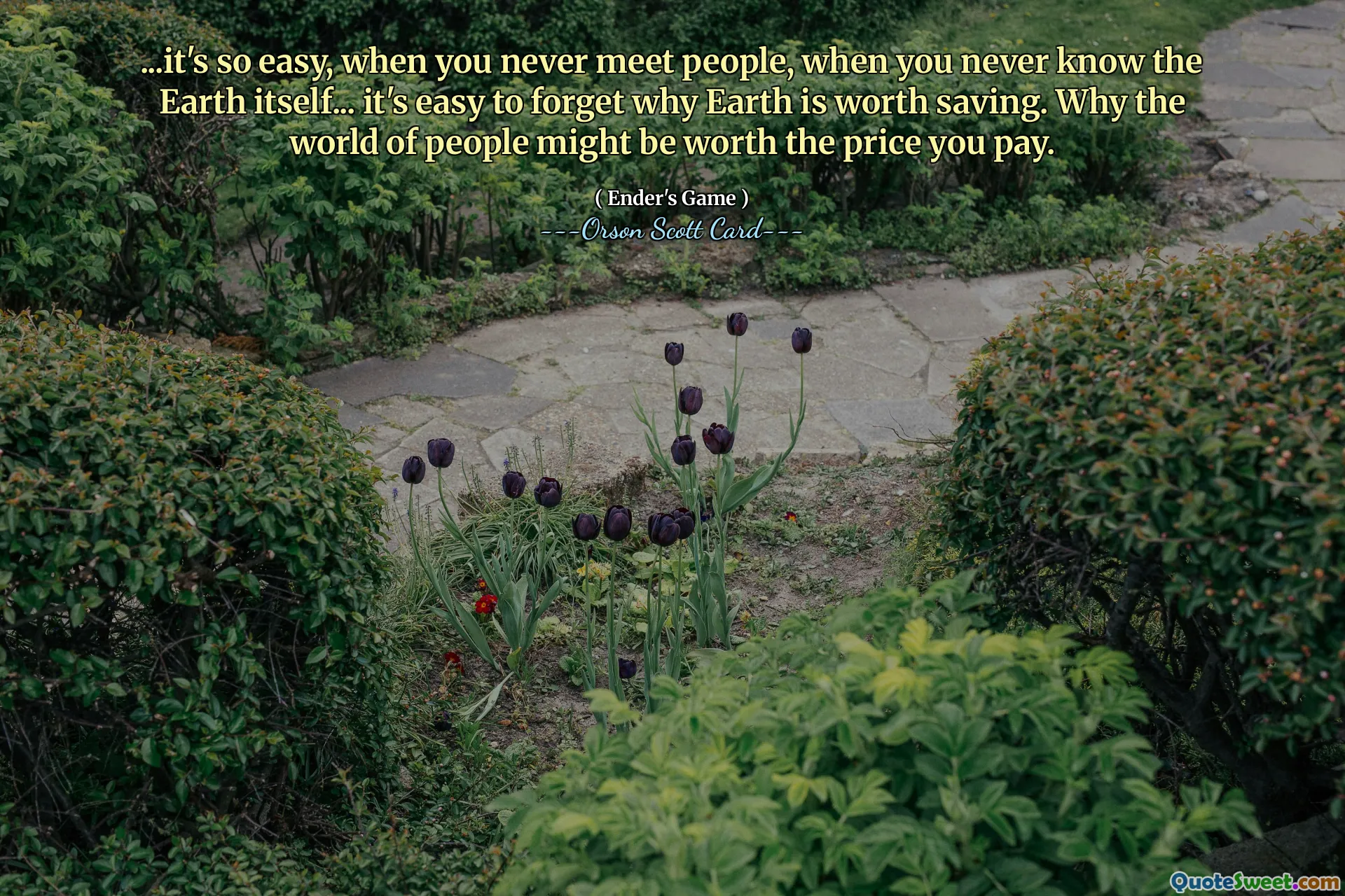 ...to takie proste, kiedy nigdy nie spotyka się ludzi, kiedy nigdy nie poznaje się samej Ziemi... łatwo jest zapomnieć, dlaczego warto ratować Ziemię. Dlaczego świat ludzi może być wart ceny, którą płacisz.