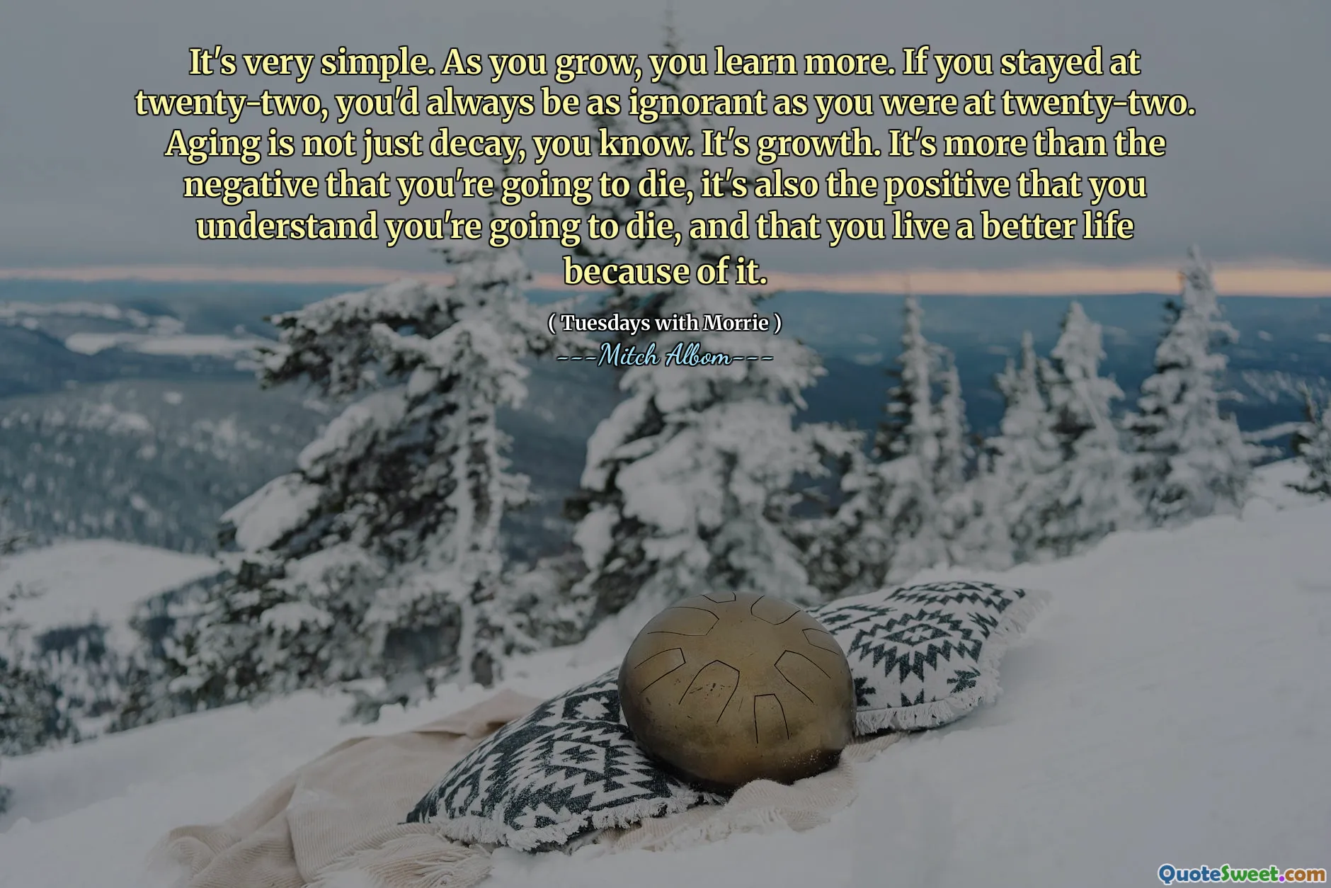 It's very simple. As you grow, you learn more. If you stayed at twenty-two, you'd always be as ignorant as you were at twenty-two. Aging is not just decay, you know. It's growth. It's more than the negative that you're going to die, it's also the positive that you understand you're going to die, and that you live a better life because of it.