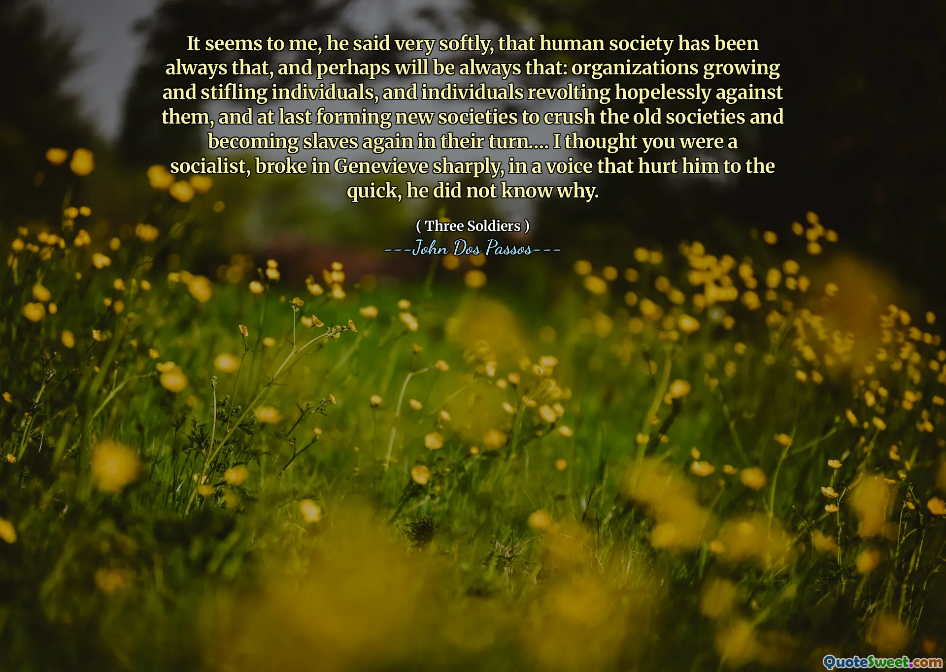 Mi se pare, mi -a spus foarte încet, că societatea umană a fost întotdeauna asta și poate va fi întotdeauna asta: organizațiile care cresc și înăbușind indivizii și indivizi care se revoltă fără speranță împotriva lor și, în sfârșit, formând noi societăți pentru a zdrobi vechile societăți și de a deveni din nou sclavi la rândul lor ... Am crezut că ești socialist, s -a rupt brusc în Genevieve, cu o voce care l -a rănit la repede, nu știa de ce.