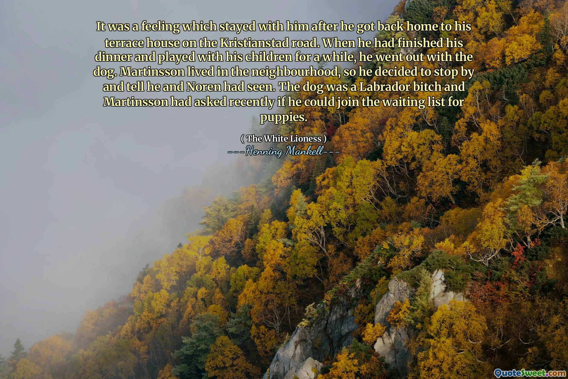 It was a feeling which stayed with him after he got back home to his terrace house on the Kristianstad road. When he had finished his dinner and played with his children for a while, he went out with the dog. Martinsson lived in the neighbourhood, so he decided to stop by and tell he and Noren had seen. The dog was a Labrador bitch and Martinsson had asked recently if he could join the waiting list for puppies.