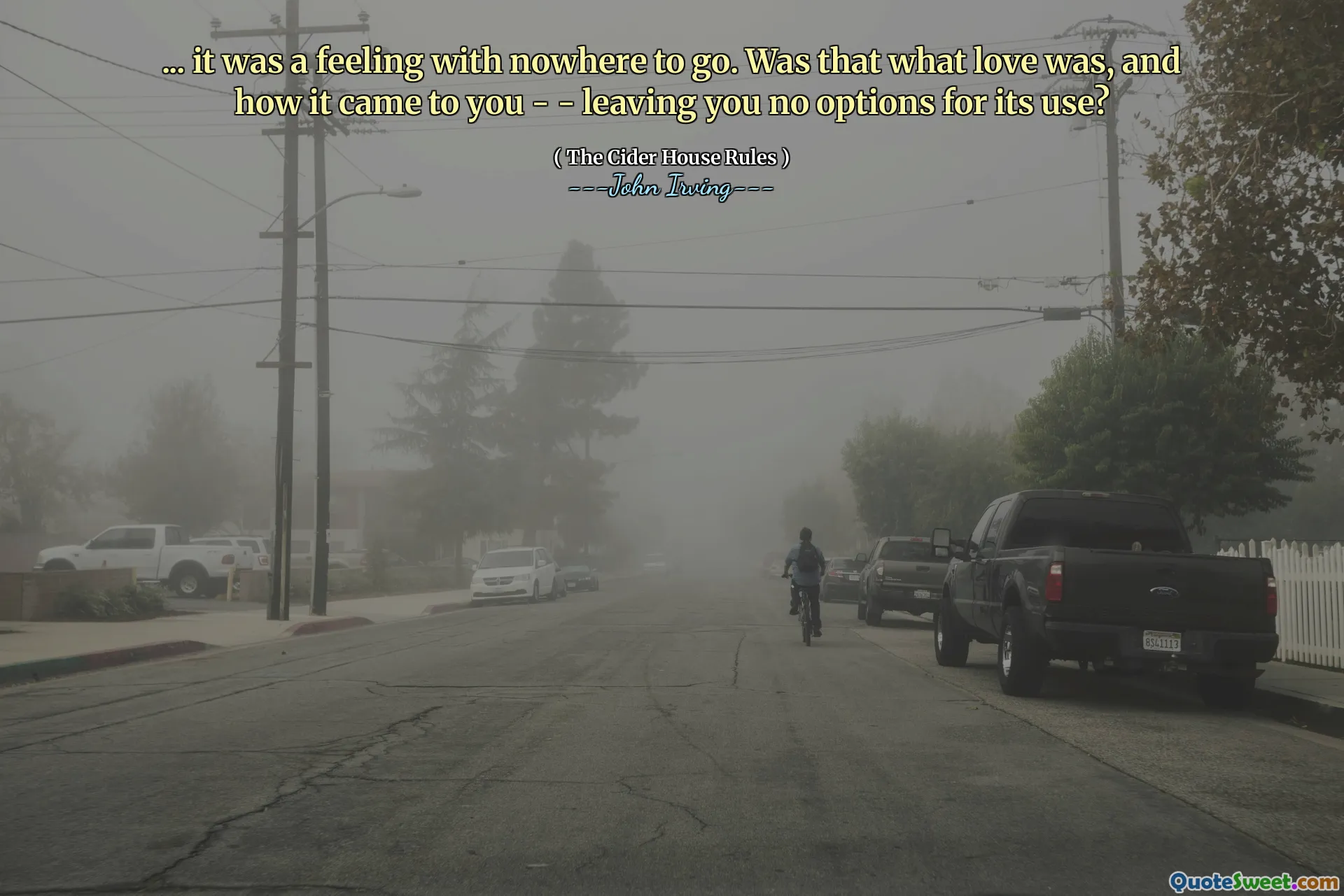 ... it was a feeling with nowhere to go. Was that what love was, and how it came to you - - leaving you no options for its use?