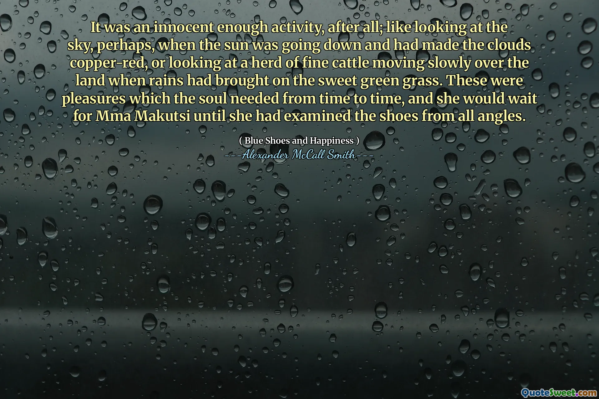 A fost o activitate suficient de nevinovată, până la urmă; Ca și cum ar fi privit la cer, poate, când soarele cobora și făcuse norii roșii de cupru sau privind la o turmă de bovine fine care se mișca încet peste pământ, când ploile aduseseră iarba dulce verde. Acestea erau plăceri de care sufletul avea nevoie din când în când, iar ea va aștepta MMA Makutsi până când a examinat pantofii din toate unghiurile.