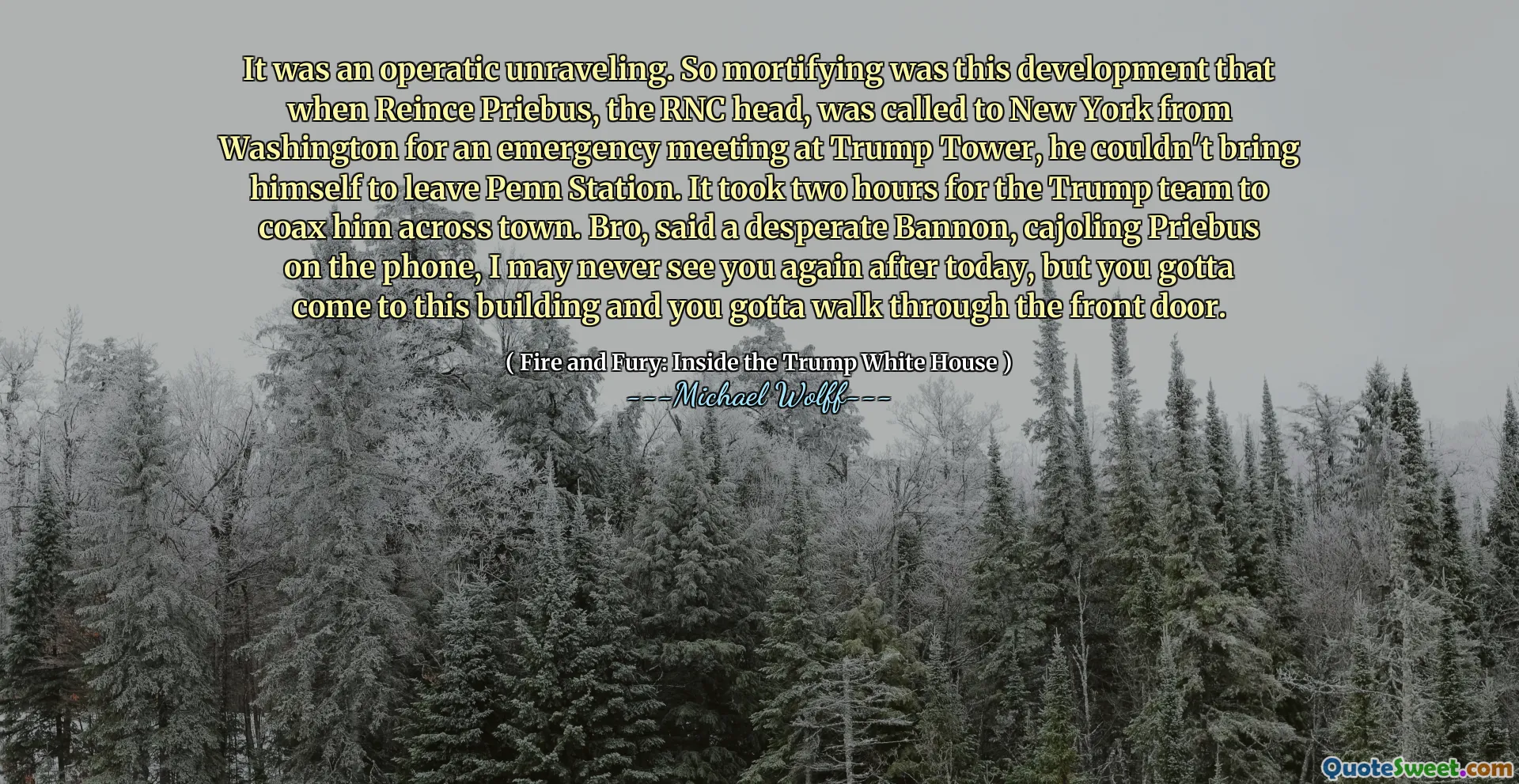 It was an operatic unraveling. So mortifying was this development that when Reince Priebus, the RNC head, was called to New York from Washington for an emergency meeting at Trump Tower, he couldn't bring himself to leave Penn Station. It took two hours for the Trump team to coax him across town. Bro, said a desperate Bannon, cajoling Priebus on the phone, I may never see you again after today, but you gotta come to this building and you gotta walk through the front door.
