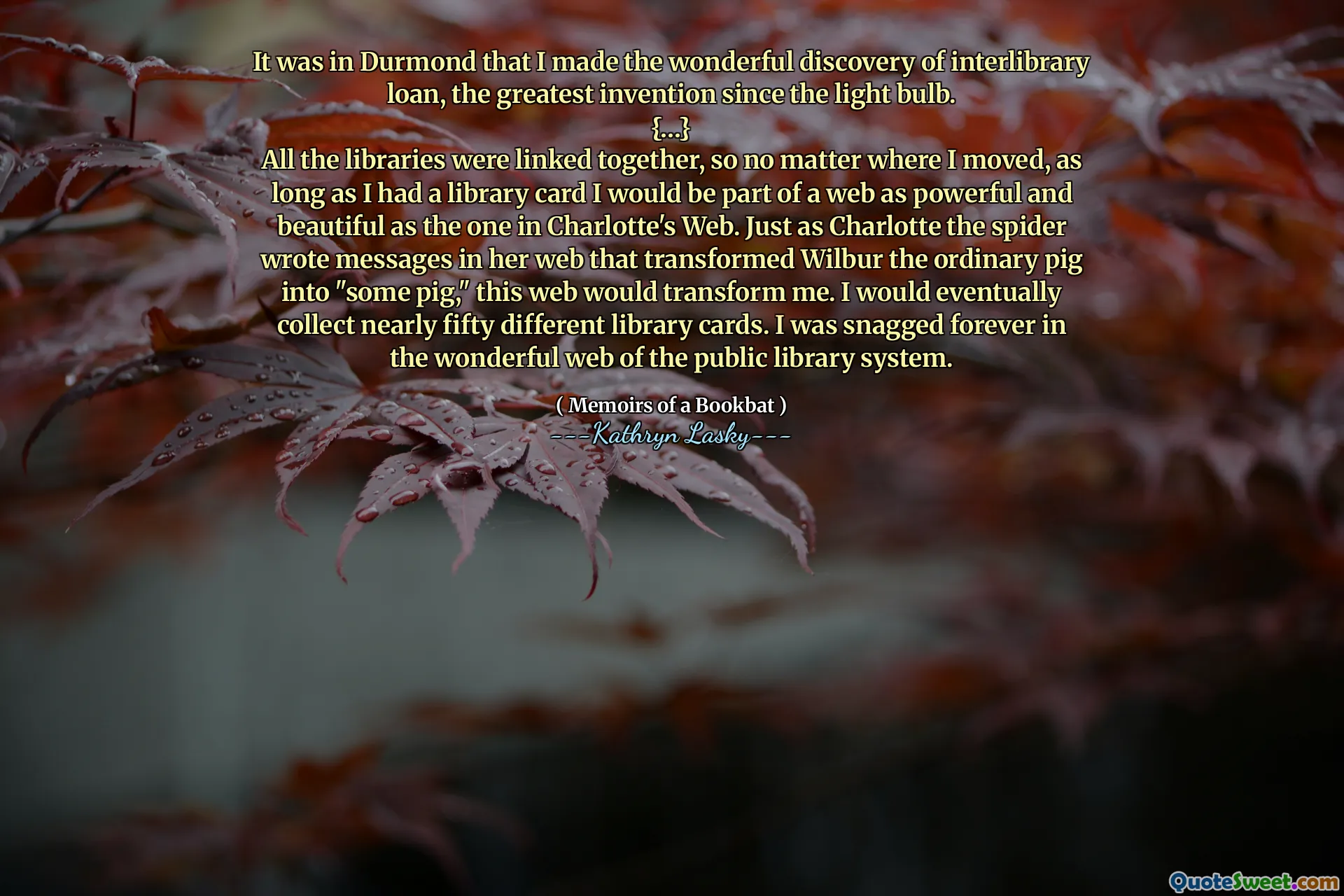 It was in Durmond that I made the wonderful discovery of interlibrary loan, the greatest invention since the light bulb.
{…}
All the libraries were linked together, so no matter where I moved, as long as I had a library card I would be part of a web as powerful and beautiful as the one in Charlotte's Web. Just as Charlotte the spider wrote messages in her web that transformed Wilbur the ordinary pig into "some pig," this web would transform me. I would eventually collect nearly fifty different library cards. I was snagged forever in the wonderful web of the public library system.