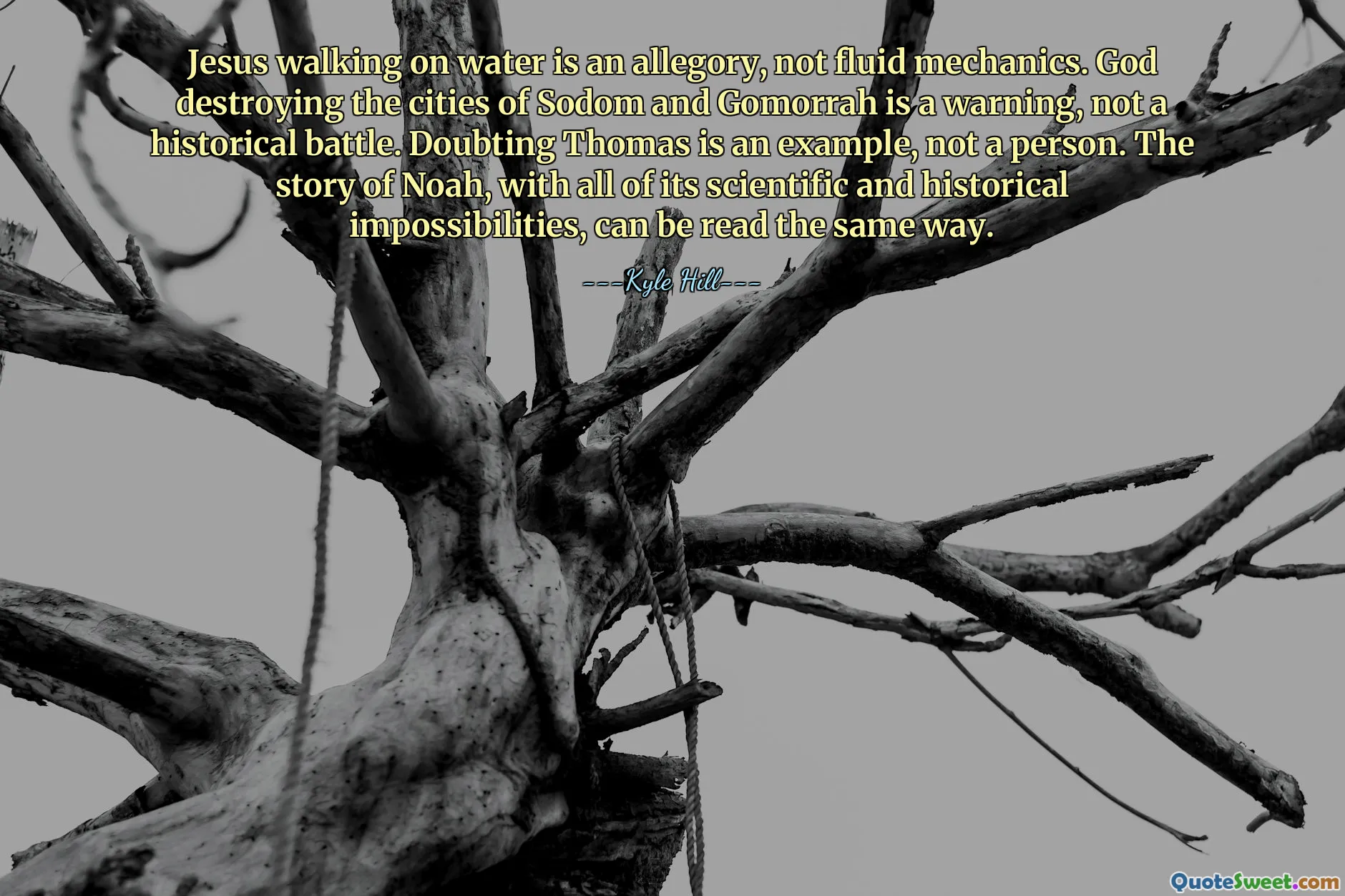 Jesus walking on water is an allegory, not fluid mechanics. God destroying the cities of Sodom and Gomorrah is a warning, not a historical battle. Doubting Thomas is an example, not a person. The story of Noah, with all of its scientific and historical impossibilities, can be read the same way.