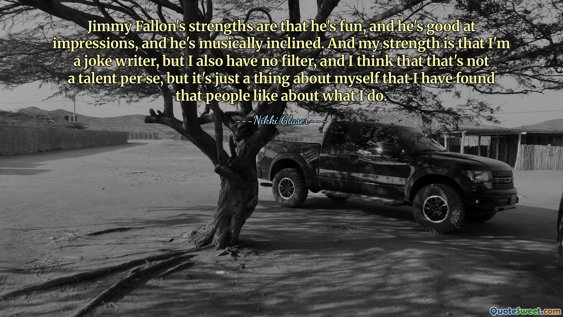 ჯიმი ფელონის ძლიერი მხარე არის ის, რომ ის არის მხიარული, ის კარგად ახერხებს შთაბეჭდილებებს და ის მუსიკალურად არის მიდრეკილი. და ჩემი სიძლიერე იმაში მდგომარეობს, რომ მე ხუმრობის ავტორი ვარ, მაგრამ ასევე არ მაქვს ფილტრი და ვფიქრობ, რომ ეს არ არის ნიჭი თავისთავად, მაგრამ ეს მხოლოდ ჩემს თავს ეხება, რომ მივხვდი, რომ ხალხს მოსწონთ ის, რასაც ვაკეთებ.